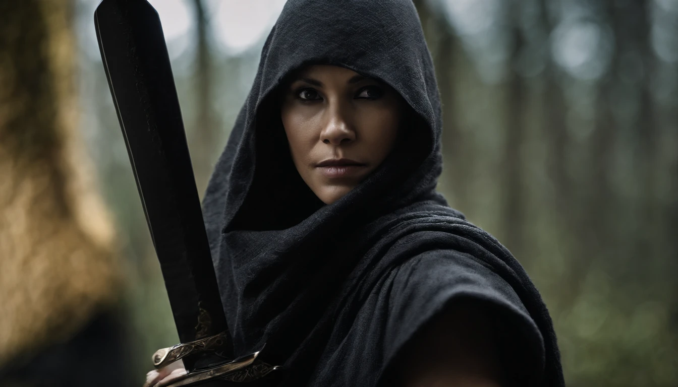 character portrait closeup, one woman, dressed like a ninja, black collant, carryinga knife