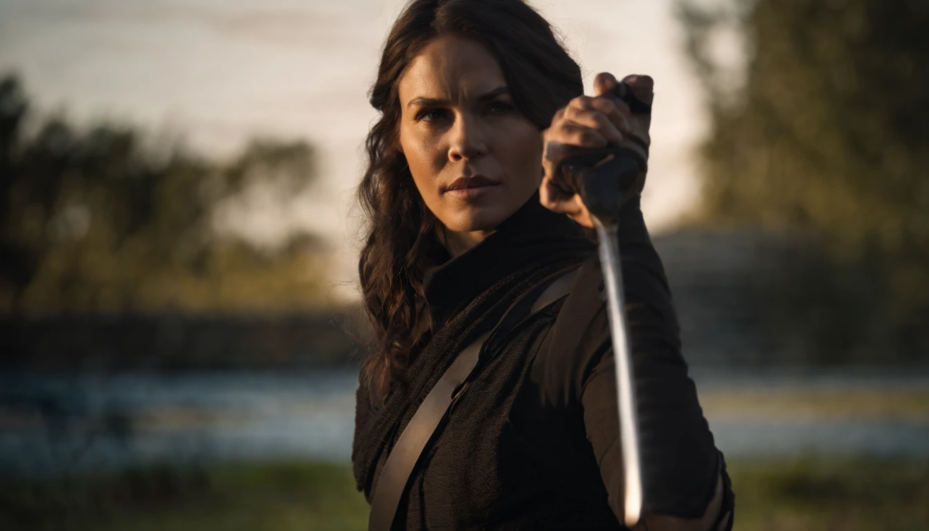 character portrait closeup, one woman, dressed like a ninja, black collant, carryinga knife