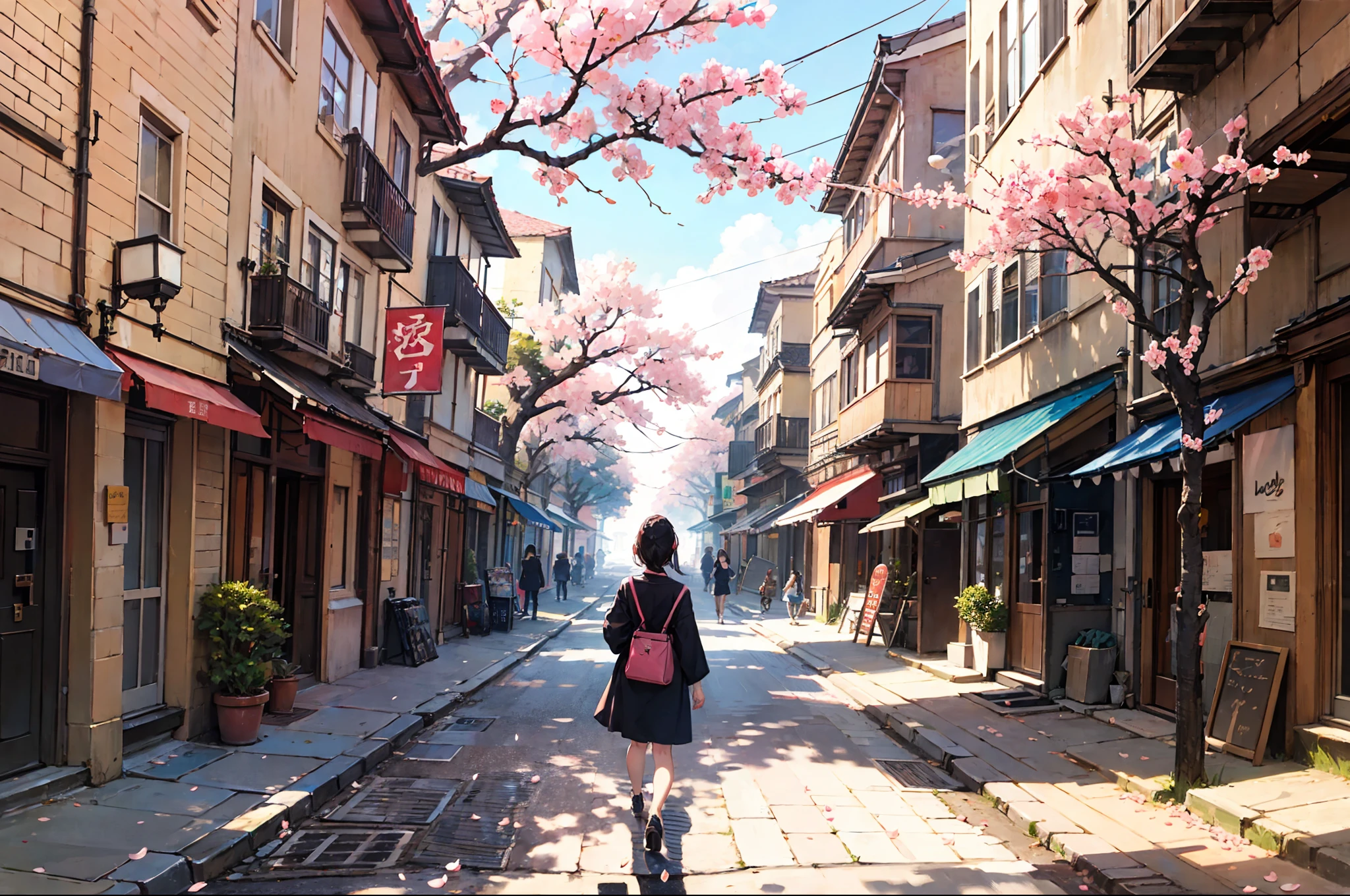 spring,streets,sunshine,cherry blossoms,woman walking on the street,scenic style, --auto --s2
