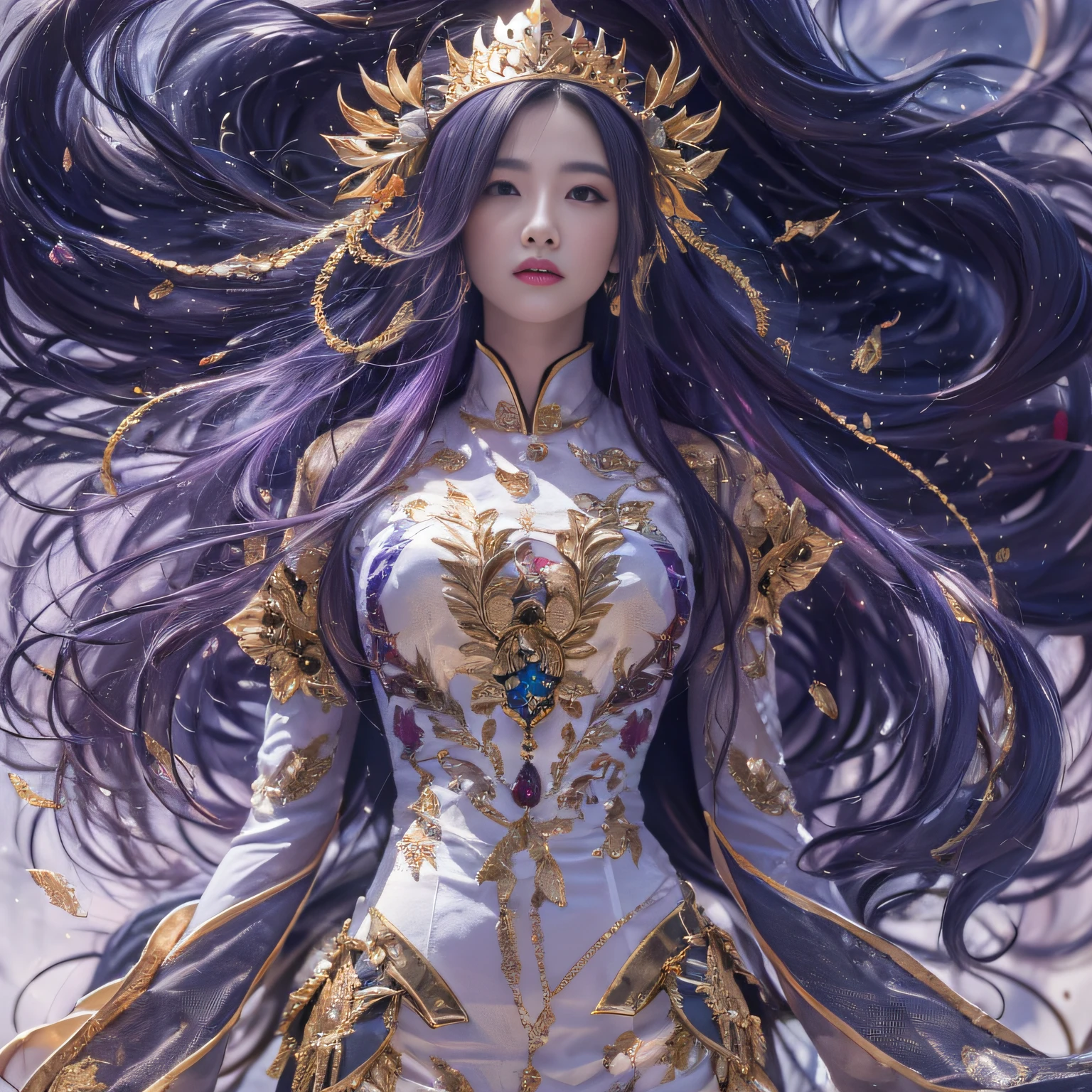 Genki Girl 32K(tmasterpiece,k hd,hyper HD,32K)Long flowing bright purple hair,Autumn Pond,zydink, a color, Asian people (Genki girl), (Silk scarf), Combat posture, looking at the ground, long whitr hair, Floating bright purple, Fire cloud pattern gold tiara, Chinese long-sleeved gold silk garment, (Abstract metaverse splash:1.2), white backgrounid,Lotus Vitality Protector(realisticlying:1.4),Bright purple hair,Smoke on the road,The background is pure, A high resolution, the detail, RAW photogr, Sharp Re, Nikon D850 Film Stock Photo by Jefferies Lee 4 Kodak Portra 400 Camera F1.6 shots, Rich colors, ultra-realistic vivid textures, Dramatic lighting, Unreal Engine Art Station Trend, cinestir 800,A girl with flowing bright purple long hair