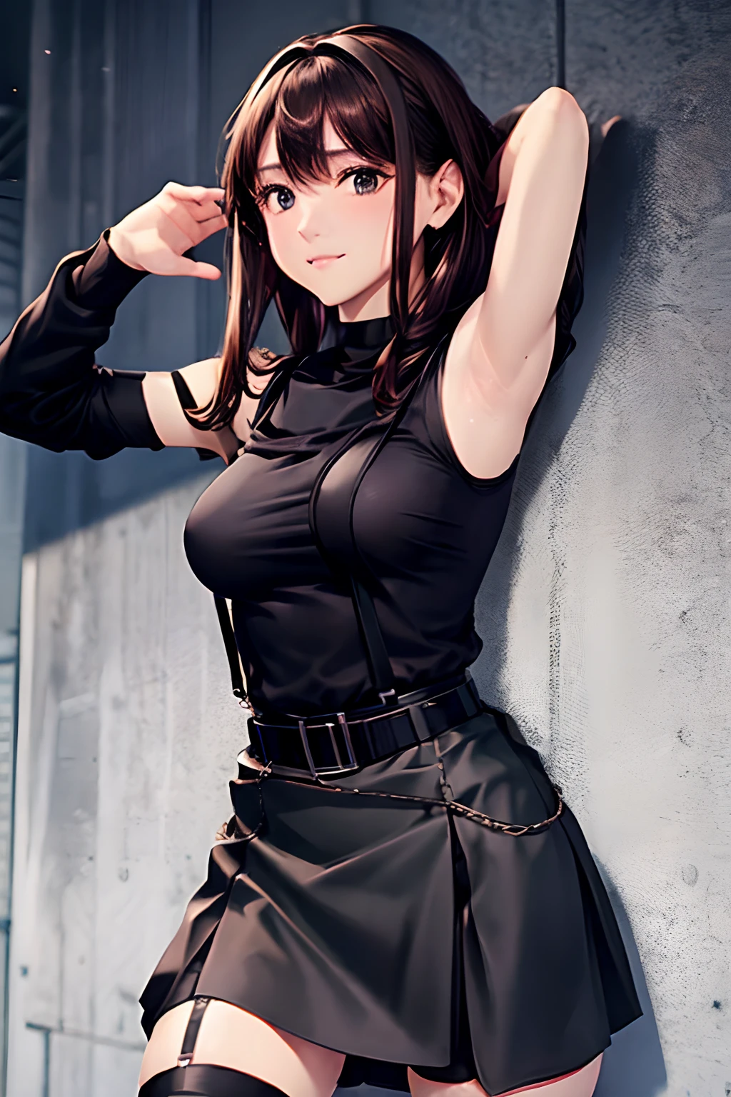 Black skirt, suspenders, Brown hair Gray eyes, Garter belt on the legs, Tight black clothes, a belt Armpit sweat Dark look Moderately breasts holster chain poneyTail Water wetting