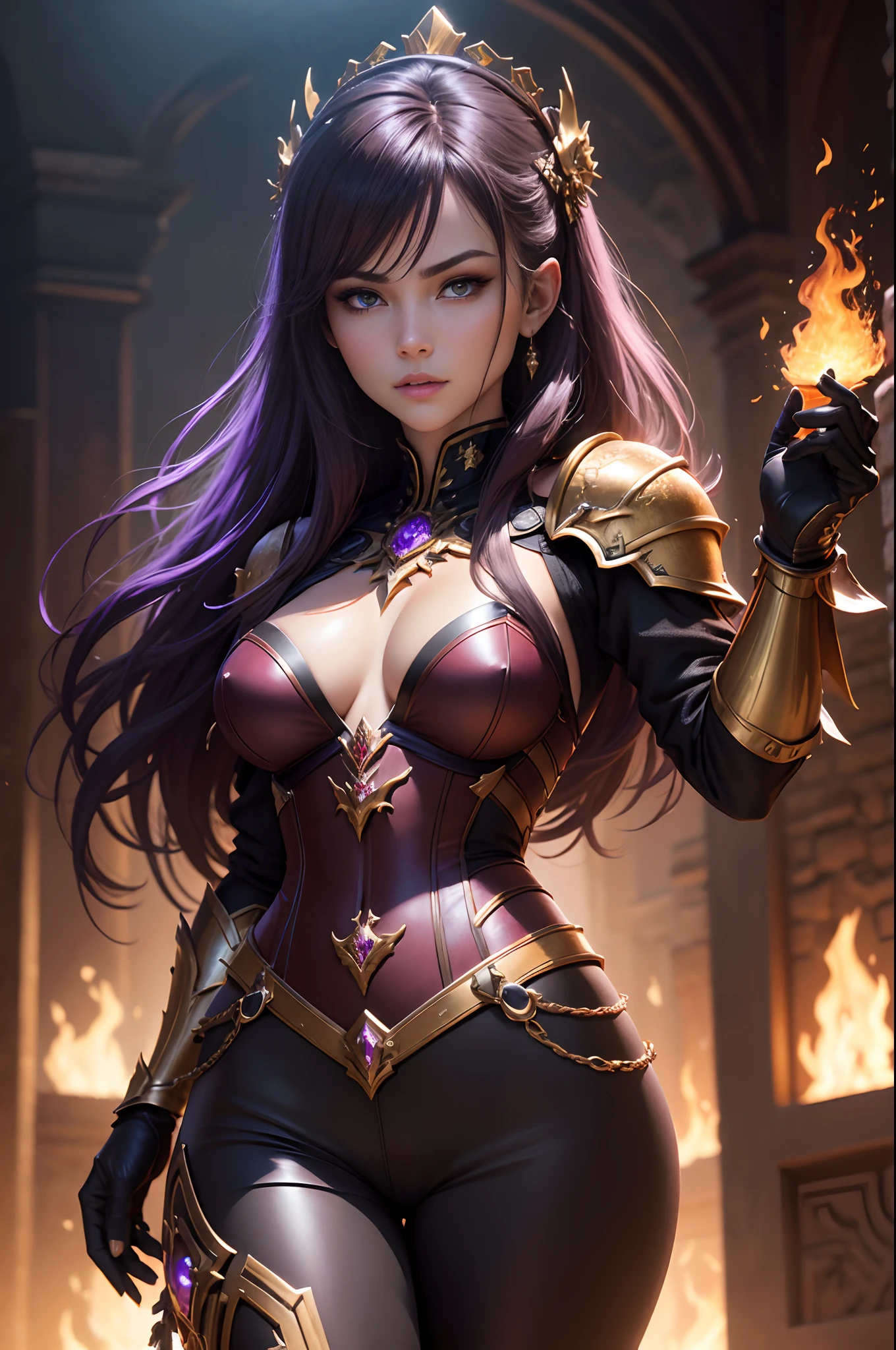 8K,Photorealsitic Raw photography top-quality;1.4) (One adult woman) Super beauty (Lifelike face) long Brond Hair Fantastic Empress with glowing purple eyes Brown and black aristocratic big-chested armor Brown and black trousers Golden decoration glares Equipped with a sword at the waist Wearing black leather gloves Ruins Gwaitz style Purple Rouge realisitic accurate detail unrealengine Beautiful expression Details of each part A red fireball glows in the palm of your hand(effect) 超A high resolution A hyper-realistic enticing foot armor real looking skin Fantasy Queen An inviting gaze