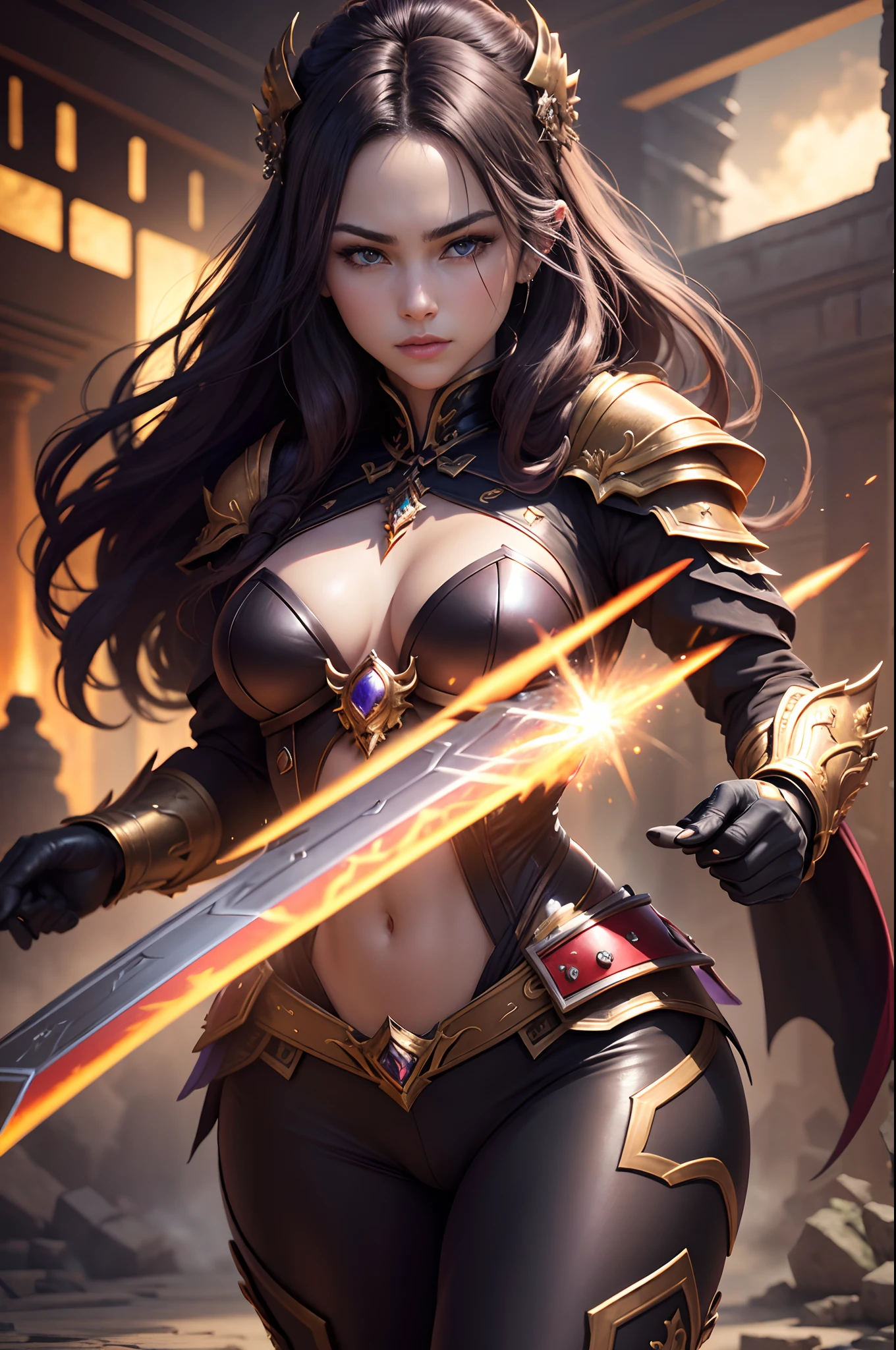 8K,Photorealsitic Raw photography top-quality;1.4) (One adult woman) Super beauty (Lifelike face) long Brond Hair Fantastic Empress with glowing purple eyes Brown and black aristocratic big-chested armor Brown and black trousers Golden decoration glares Equipped with a sword at the waist Wearing black leather gloves Ruins Gwaitz style Purple Rouge realisitic accurate detail unrealengine Beautiful expression Details of each part A red fireball glows in the palm of your hand(effect) 超A high resolution A hyper-realistic enticing foot armor real looking skin Fantasy Queen An inviting gaze