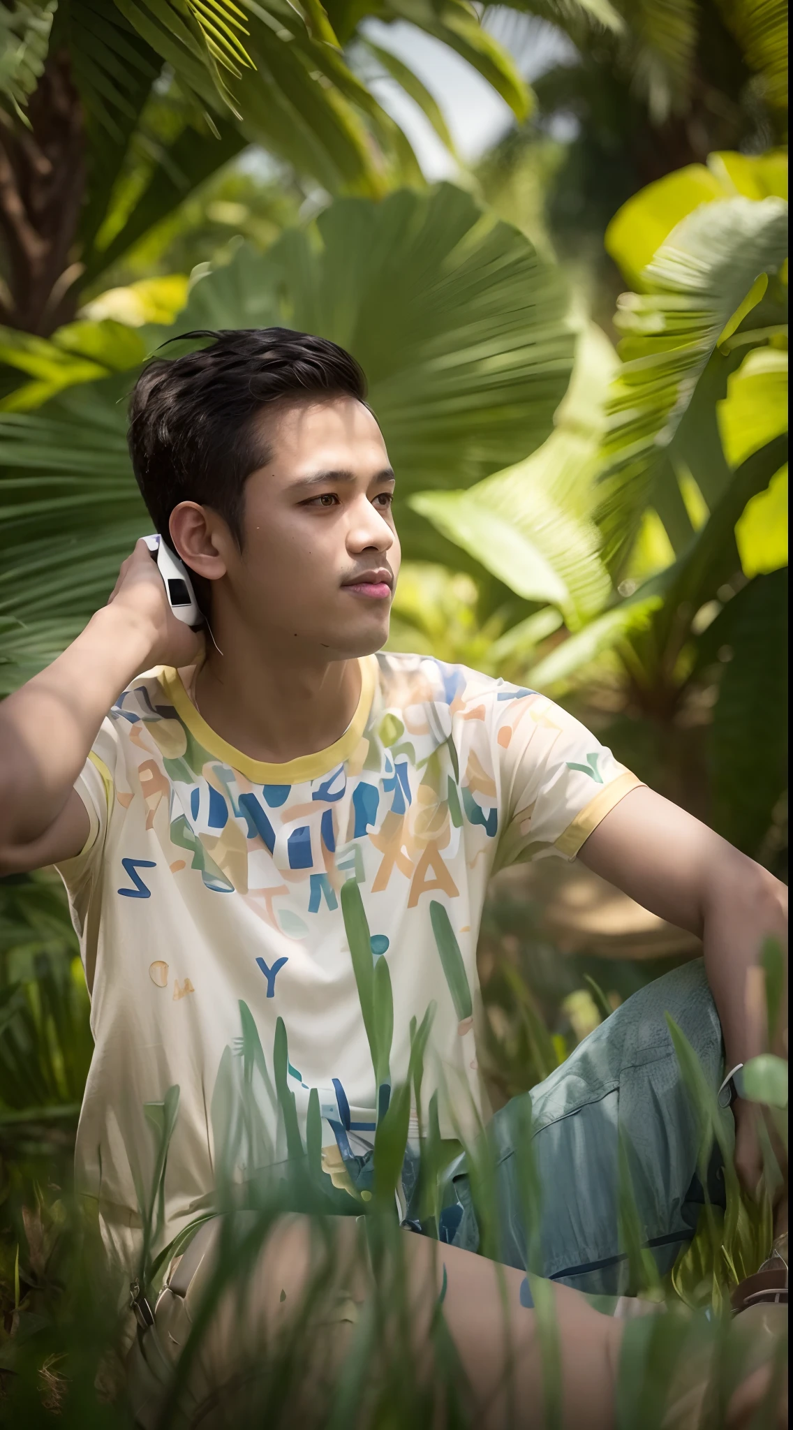 there is a man sitting in the grass talking on a cell phone, candid picture, casual photography, candid photography, assamese aesthetic, teenage boy, with a cool pose, taken with canon 8 0 d, photograpgy, riyahd cassiem, potrait, ayan nag, portait image, uploaded, mohamed chahin, teen boy