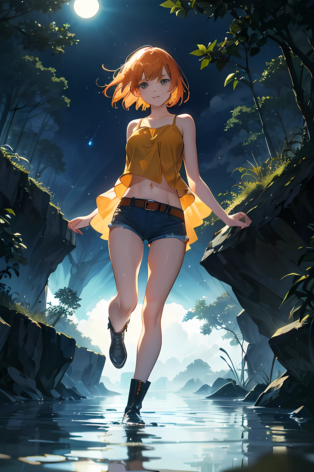 shorthair, orange hair, greenish tanktop ,bare shoulders, cutout above navel, blue denim shorts, black belt, over-kneehighs, brown boots, arms at sides, Walking slowly on the water,head tilt, light smile,light rays, (high contrast), (Colorful aurora),(lakes),(clear background),lighting,(clear sky),night,stars,moon light,forest,(detailed clear water-drop:1.1