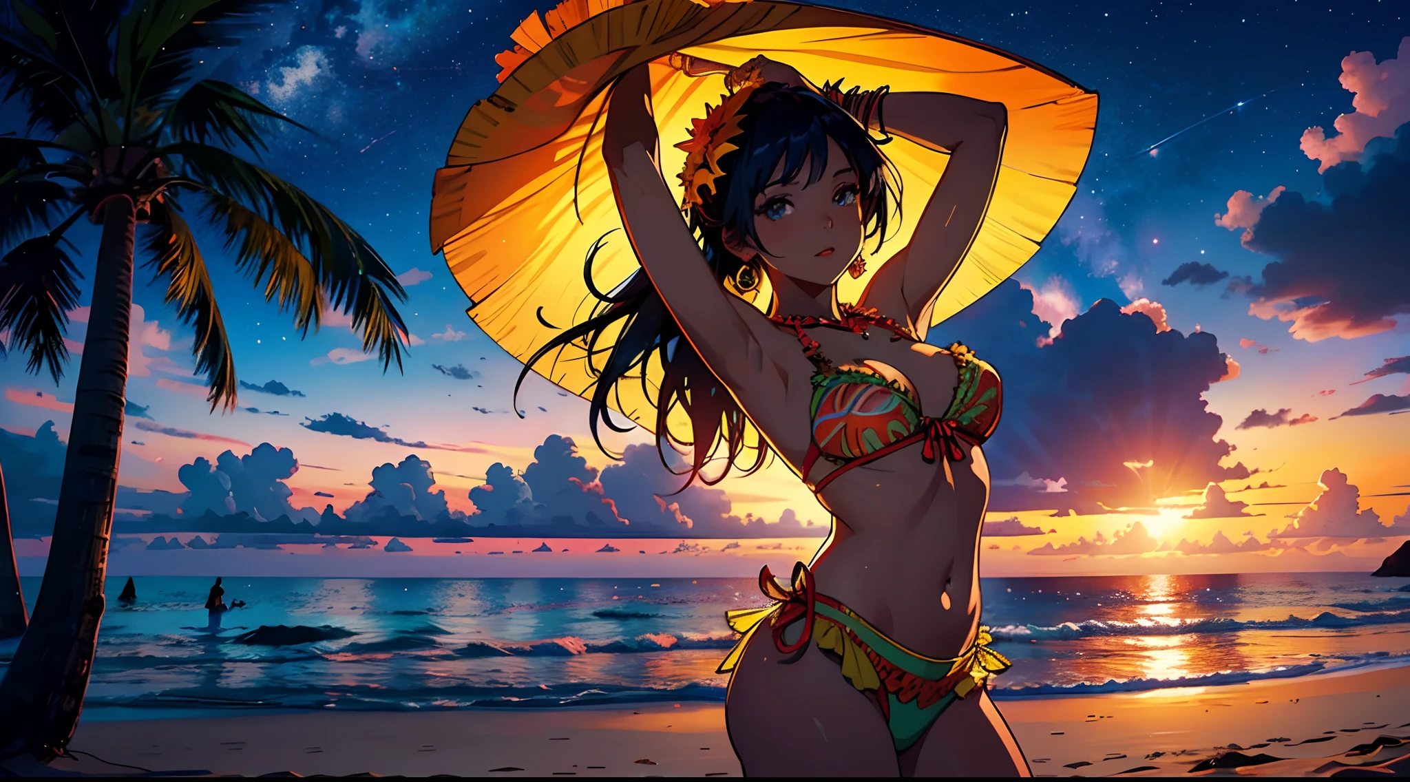 Beautiful woman dancing to Caribbean songs in a luau with a tropical atmosphere at night, stars, beach in the background, party atmosphere, vibrant colors, panoramic view, intricate details, high definition, high resolution, soft lighting, 2d anime style