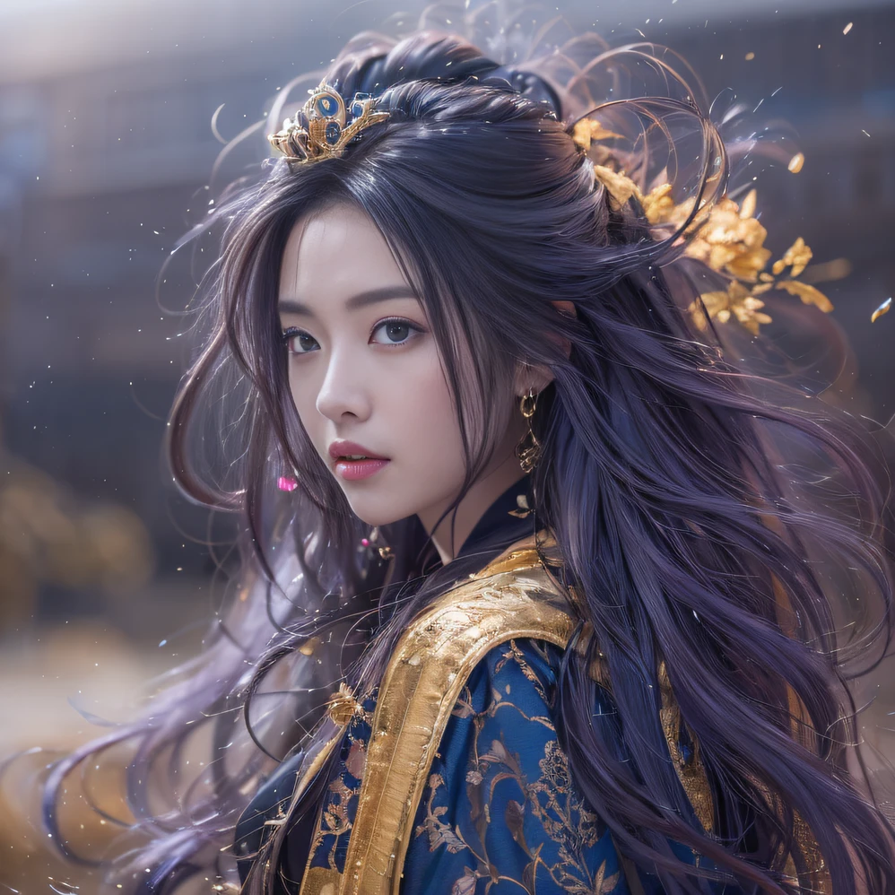 Genki Girl 32K(tmasterpiece,k hd,hyper HD,32K)Long flowing bright purple hair,Autumn Pond,zydink, a color, Asian people (Genki girl), (Silk scarf), Combat posture, looking at the ground, long whitr hair, Floating bright purple, Fire cloud pattern gold tiara, Chinese long-sleeved gold silk garment, (Abstract metaverse splash:1.2), white backgrounid,Lotus Vitality Protector(realisticlying:1.4),Bright purple hair,Smoke on the road,The background is pure, A high resolution, the detail, RAW photogr, Sharp Re, Nikon D850 Film Stock Photo by Jefferies Lee 4 Kodak Portra 400 Camera F1.6 shots, Rich colors, ultra-realistic vivid textures, Dramatic lighting, Unreal Engine Art Station Trend, cinestir 800,A girl with flowing bright purple long hair