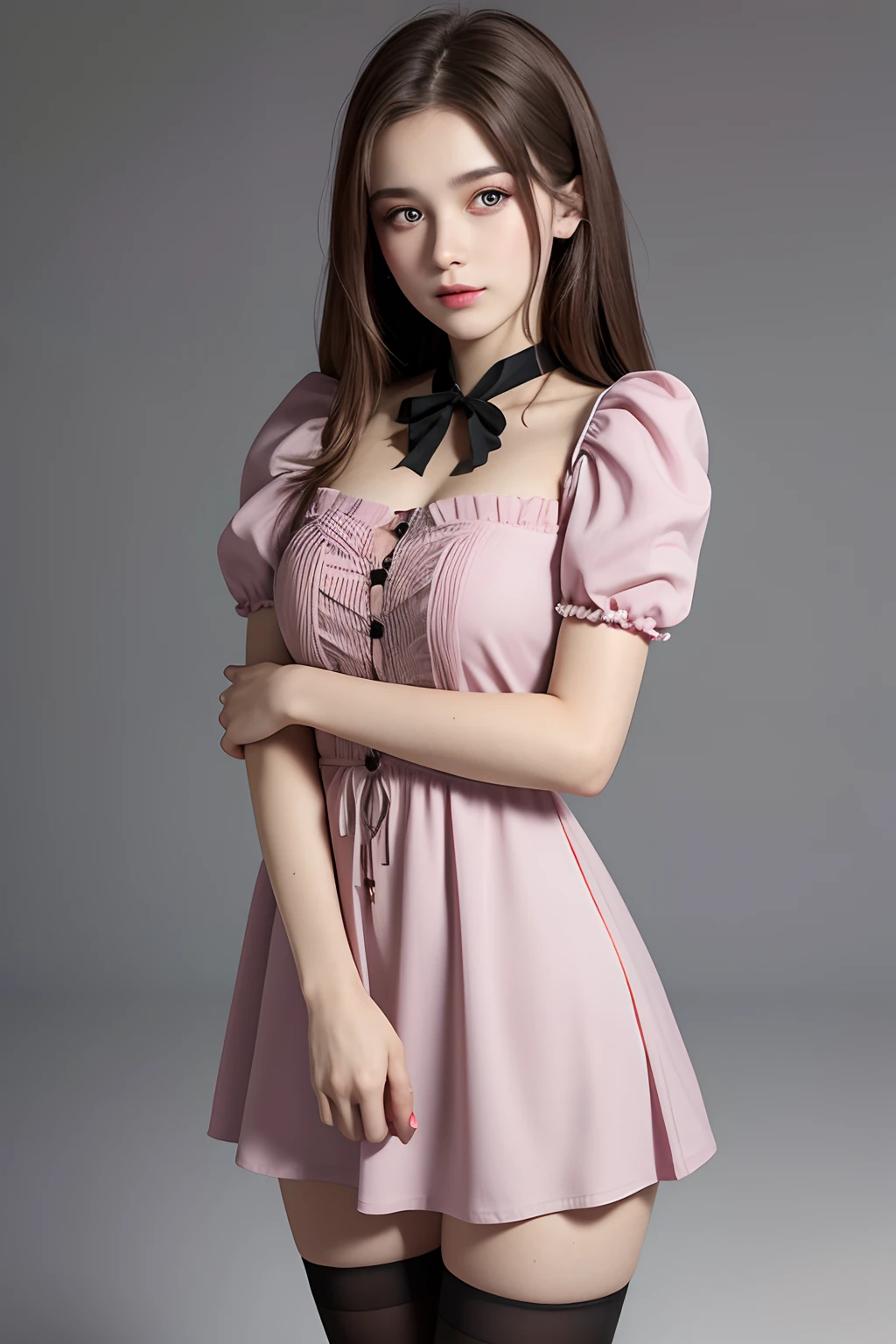 a beautiful 17yo Ukraina woman, square neck dress puff sleeve , thighhighs,
