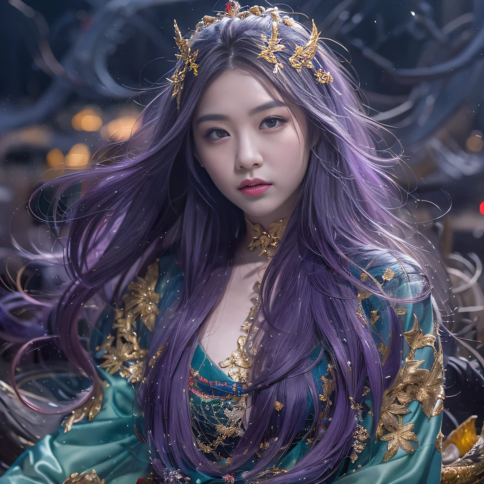 Genki Girl 32K(tmasterpiece,k hd,hyper HD,32K)Long flowing bright purple hair,Autumn Pond,zydink, a color, Asian people (Genki girl), (Silk scarf), Combat posture, looking at the ground, long whitr hair, Floating bright purple, Fire cloud pattern gold tiara, Chinese long-sleeved gold silk garment, (Abstract metaverse splash:1.2), white backgrounid,Lotus Vitality Protector(realisticlying:1.4),Bright purple hair,Smoke on the road,The background is pure, A high resolution, the detail, RAW photogr, Sharp Re, Nikon D850 Film Stock Photo by Jefferies Lee 4 Kodak Portra 400 Camera F1.6 shots, Rich colors, ultra-realistic vivid textures, Dramatic lighting, Unreal Engine Art Station Trend, cinestir 800,A girl with flowing bright purple long hair