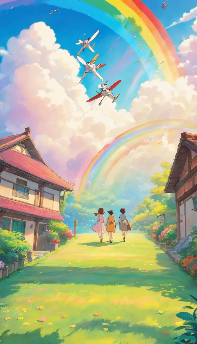 Carpet with propeller flies under the rainbow, People look at it from below