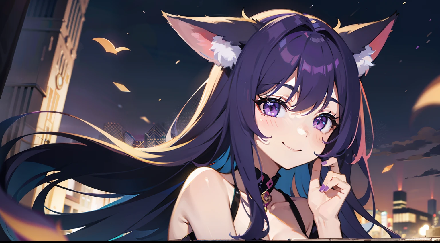 loneliness girl, long purple hair,Looking at the camera and smiling,Very cute,Fox ears,Bangs,Smile