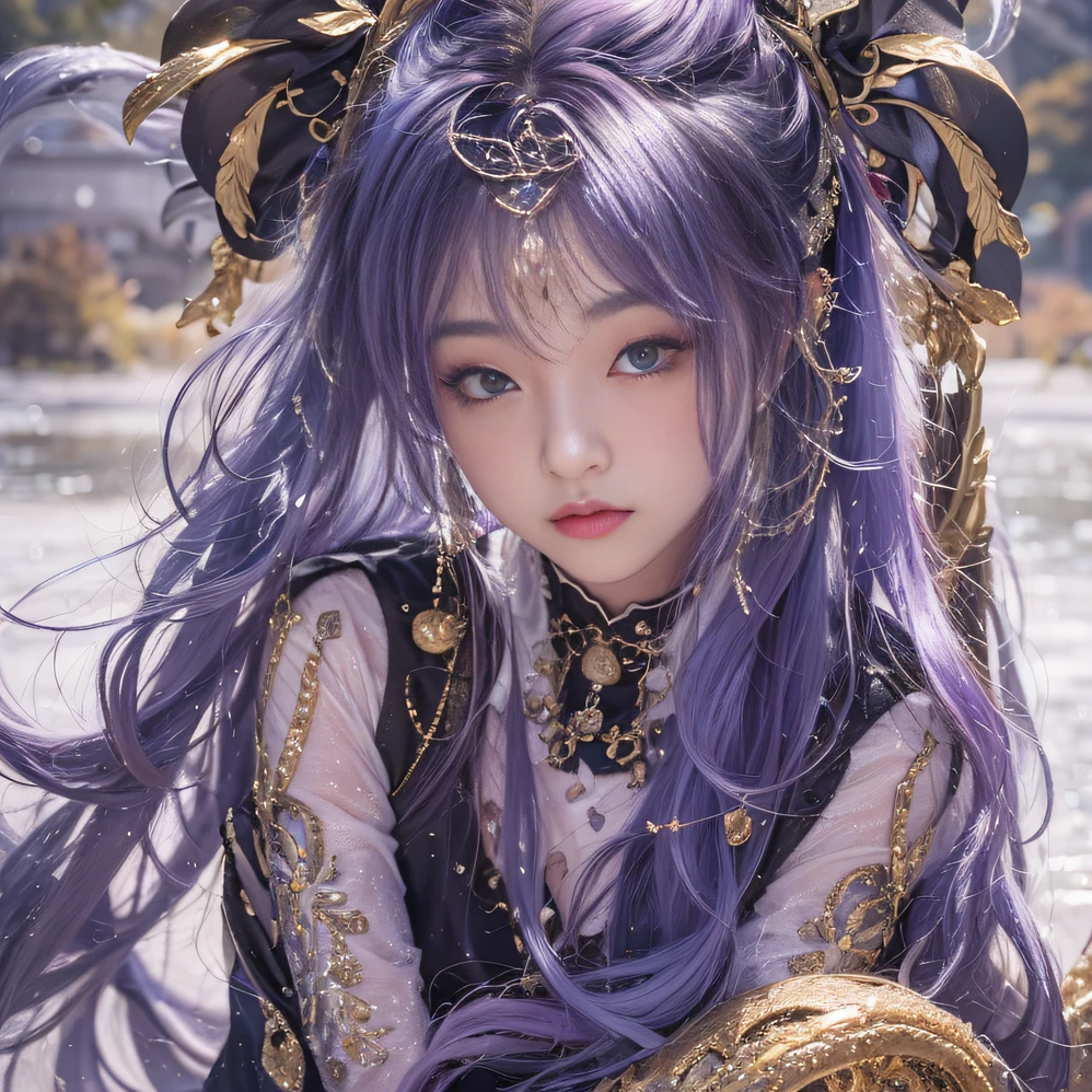 Genki Girl 32K(tmasterpiece,k hd,hyper HD,32K)Long flowing bright purple hair,Autumn Pond,zydink, a color, Asian people (Genki girl), (Silk scarf), Combat posture, looking at the ground, long whitr hair, Floating bright purple, Fire cloud pattern gold tiara, Chinese long-sleeved gold silk garment, (Abstract metaverse splash:1.2), white backgrounid,Lotus Vitality Protector(realisticlying:1.4),Bright purple hair,Smoke on the road,The background is pure, A high resolution, the detail, RAW photogr, Sharp Re, Nikon D850 Film Stock Photo by Jefferies Lee 4 Kodak Portra 400 Camera F1.6 shots, Rich colors, ultra-realistic vivid textures, Dramatic lighting, Unreal Engine Art Station Trend, cinestir 800,A girl with flowing bright purple long hair