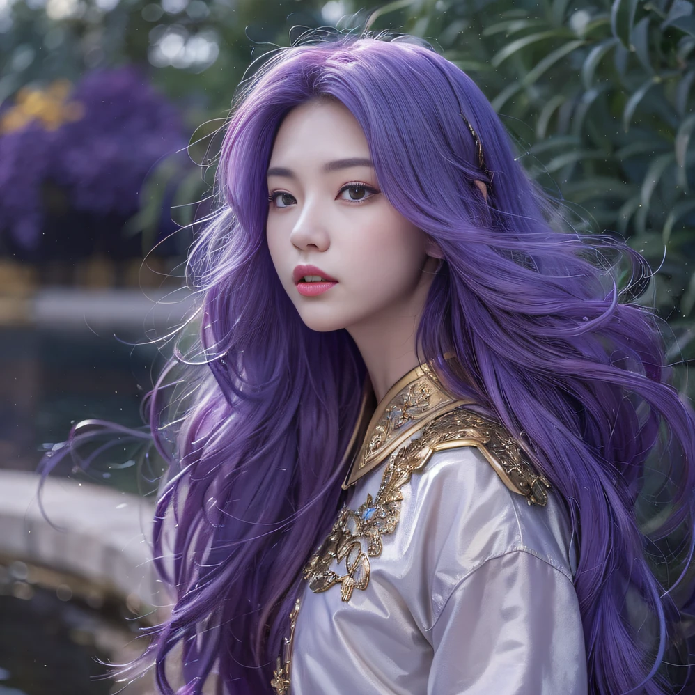 Genki Girl 32K(tmasterpiece,k hd,hyper HD,32K)Long flowing bright purple hair,Autumn Pond,zydink, a color, Asian people (Genki girl), (Silk scarf), Combat posture, looking at the ground, long whitr hair, Floating bright purple, Fire cloud pattern gold tiara, Chinese long-sleeved gold silk garment, (Abstract metaverse splash:1.2), white backgrounid,Lotus Vitality Protector(realisticlying:1.4),Bright purple hair,Smoke on the road,The background is pure, A high resolution, the detail, RAW photogr, Sharp Re, Nikon D850 Film Stock Photo by Jefferies Lee 4 Kodak Portra 400 Camera F1.6 shots, Rich colors, ultra-realistic vivid textures, Dramatic lighting, Unreal Engine Art Station Trend, cinestir 800,A girl with flowing bright purple long hair