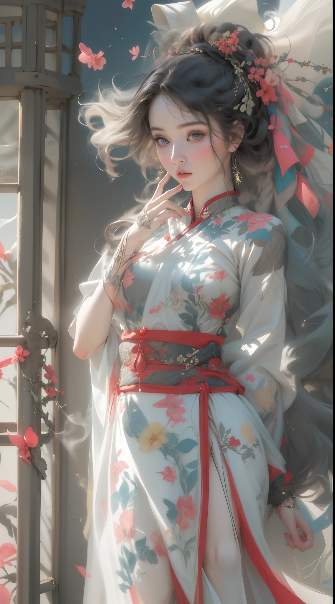 NSFW, zhongfenghua, 1girll, Solo, Hanfu, Ancient_Chinese_architecture, flower  field, Blossom, (White smoke:1.3) (Photorealistic:1.4), zentangle, mandalas, entangle, offcial art, Unity 8k wallpaper, Ultra detailed, Beautiful and aesthetic, Masterpiece,Best quality, (Dynamic Angle:1.4), Glowing skin, (floating colorful sparkles:1) chaos, elegant, vivd colour, romanticism Depth of field exotic_Dance, Half_Naked