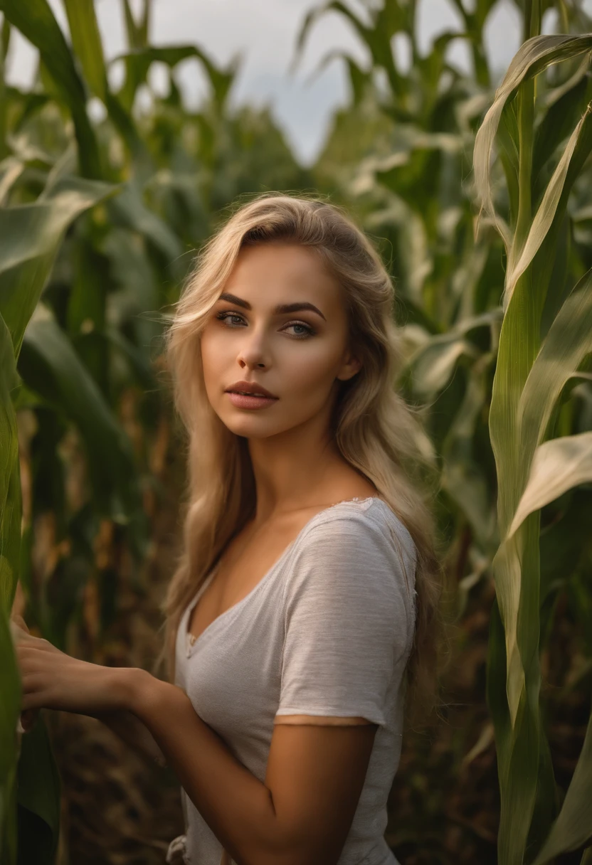 Arafed woman with matching tank top and panties in the corn field, Sexy girl with brown eyes, portrait sophie mudd, blonde hair and large eyes, Selfie einer jungen Frau, Augen im Schlafzimmer, Violet Myers, ohne Make-up, Natural makeup, Blick direkt in die Kamera, Gesicht mit Artgram, dezentes Make-up, Stunning full body shot, im Schlafzimmer, Spaltung, corn field