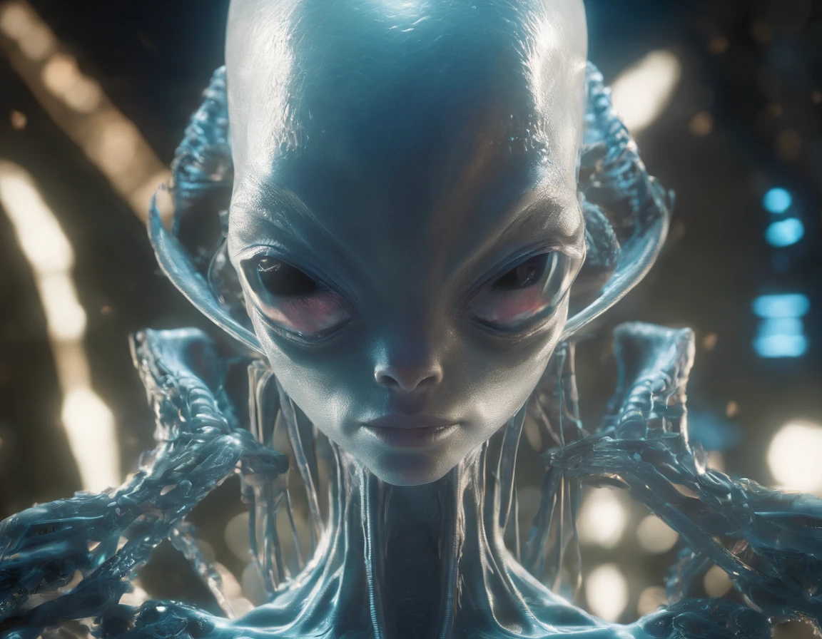 fully body photo，beautiful female alien，The body is transparent，Small and cute ，Big cute eyes，dreamy glow，White background，globalillumination，Ray traching，hdr，The rendering is not realistic，reasonable design，high detal，tmasterpiece，Best quality at best，hyper HD，cinmatic lighting），Translucent ethereal aliens