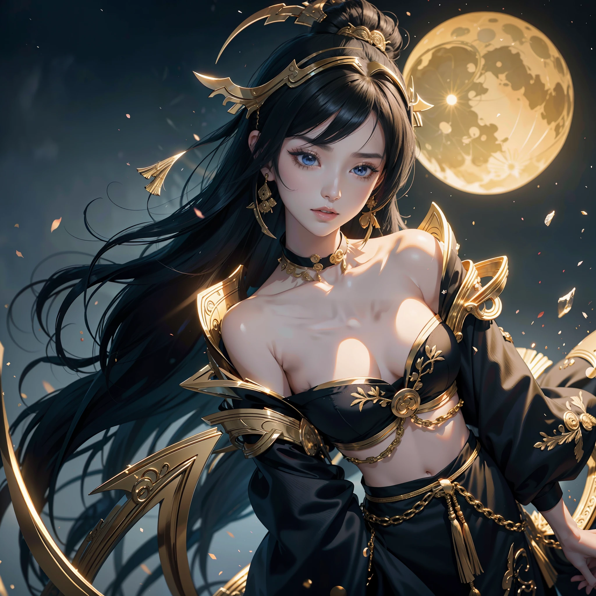 watching at viewers、Ancient capital and moon in the background、poneyTail、Woman with shiny black hair、{{{Luxury kimono(Black kimono(Detailed golden embroidery,))}}}、face perfect,Depict a beautiful and graceful woman of Japan。Heart in the eye。full body Esbian。 Beautiful anime art wallpaper 8k, beautiful fantasy anime, Beautiful anime, Detailed anime artwork.Blur the background with a sickle,((masutepiece)), ((Best Quality))