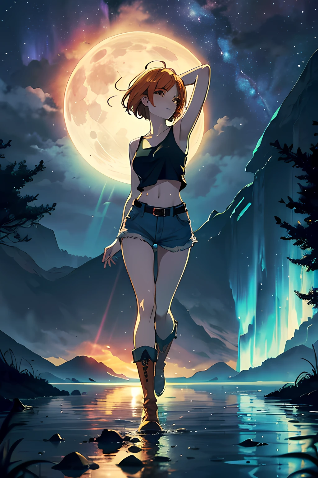 shorthair, orange hair, greenish tanktop ,bare shoulders, cutout above navel, blue denim shorts, black belt, over-kneehighs, brown boots, arms at sides, Walking slowly on the water,head tilt, light smile,light rays, (high contrast), (Colorful aurora),(lakes),(clear background),lighting,(clear sky),night,stars,moon light,forest,(detailed clear water-drop:1.1