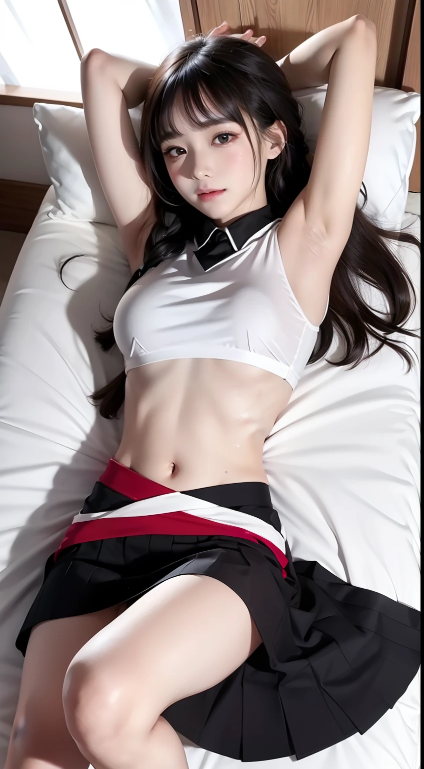 ((top-quality、in 8K、​masterpiece:1.3, Photorealsitic:1.3, From  above)), a bed, Japan girl, 1 female, A dark-haired, With bangs, Undersized breasts, ((white ribbed panties, Transparent white)), (Japan schoolniform, sockes, lying on one's side on bed, dakimakura, Thicker thighs), Open your crotch, Highly detailed facial and skin texture, A detailed eye, Detailed lips、Highly detailed hair depiction, pureerosface