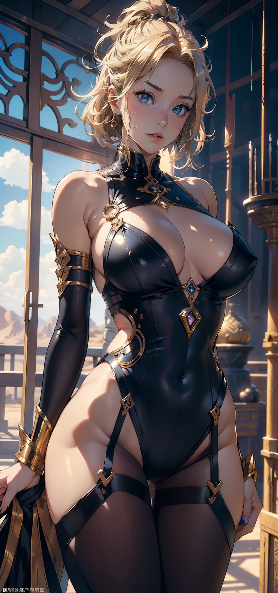 1female,35yo,plumw,extremely large bosom, 独奏,(Background with:A desert,aerodrome,Planes) She has very short blonde hair,bobo head,Stand on the plane,,seen from the front, hair straight, mostly cloudy sky,(((tmasterpiece),(Very detailed CG unity 8K wallpaper),best qualtiy,cinmatic lighting,detailed back ground,beatiful detailed eyes,Bright pupils,Blue eyes,(Very fine and beautiful),(Beautiful and detailed eye description),ultra - detailed,tmasterpiece,)),facing at camera,A high resolution,ultra - detailed),revealing breasts,Bare genitalia, Bulge,legs are open,Raised sexy,Camel toes,Flushed complexion,Desire for dissatisfaction,frontage,Gold Saint Seiya,(Wearing:Black pantyhose,Bare breasts)Ancient Egyptian style