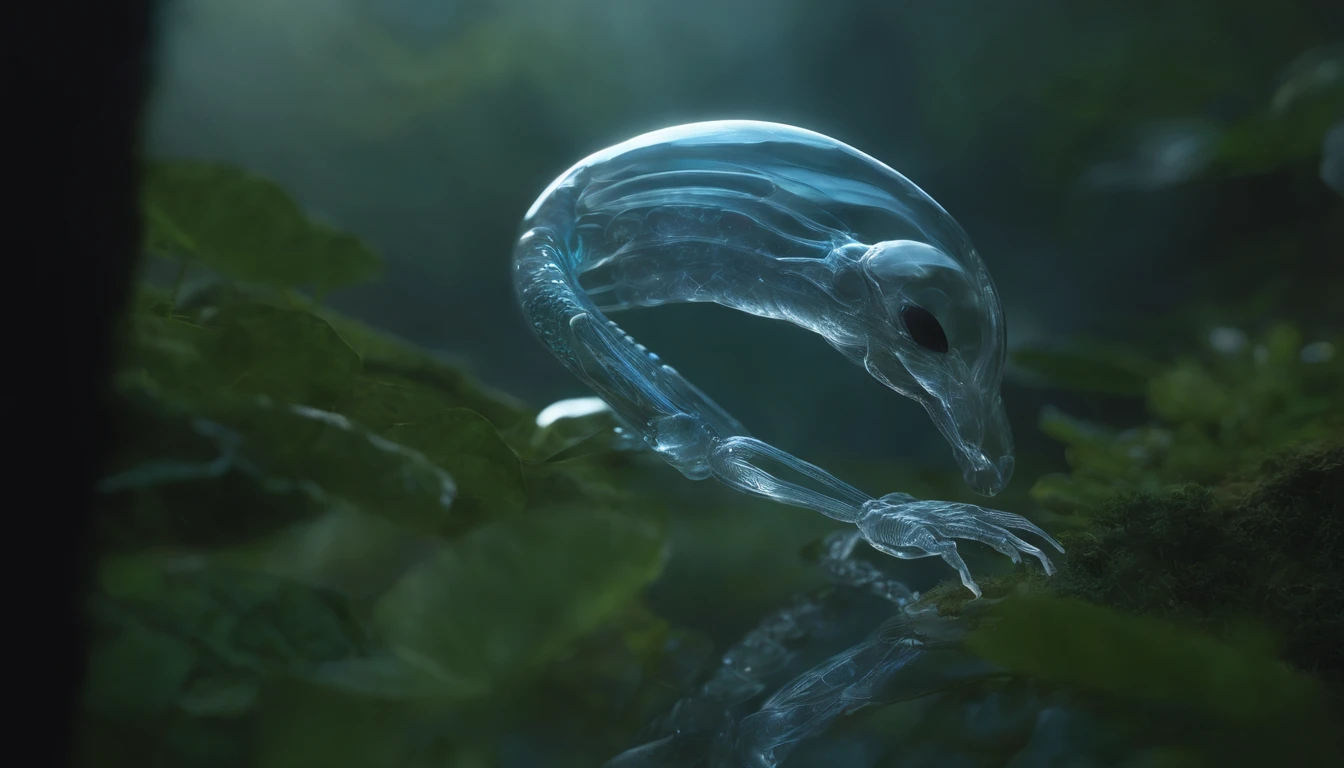 On the surface of the pond,There are some fish floating with tumbles,Wild boar animal skeleton,Fish bones,Dead mouse bones,Shrimp shells,The body of the animal。Chaotic water。Exquisite and clear picture。Colorful screen。Light is transparent
