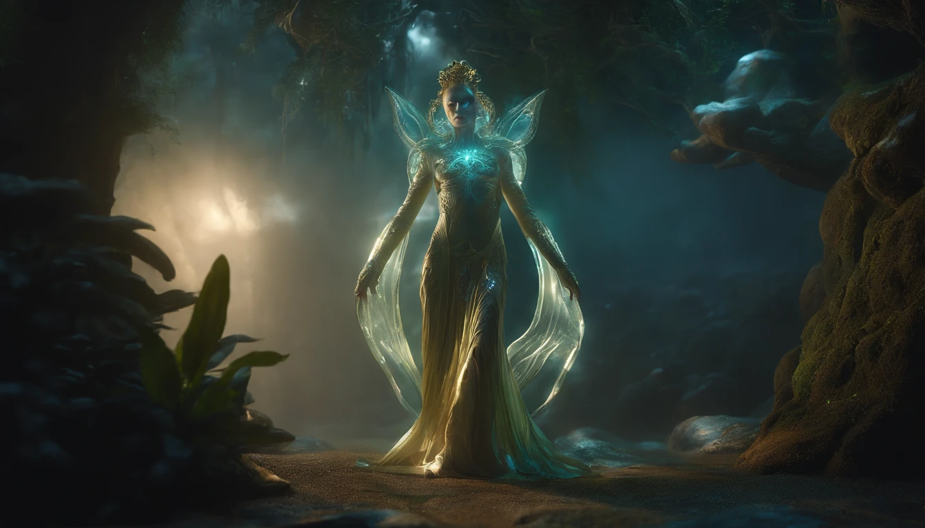 Transparent ethereal alien creatures,with light glowing,中景 the scene is,Full body like, highly detailed surreal vfx,oc rendered,Shot with 70 mm - AR 16:9 --q 2 --s 1000