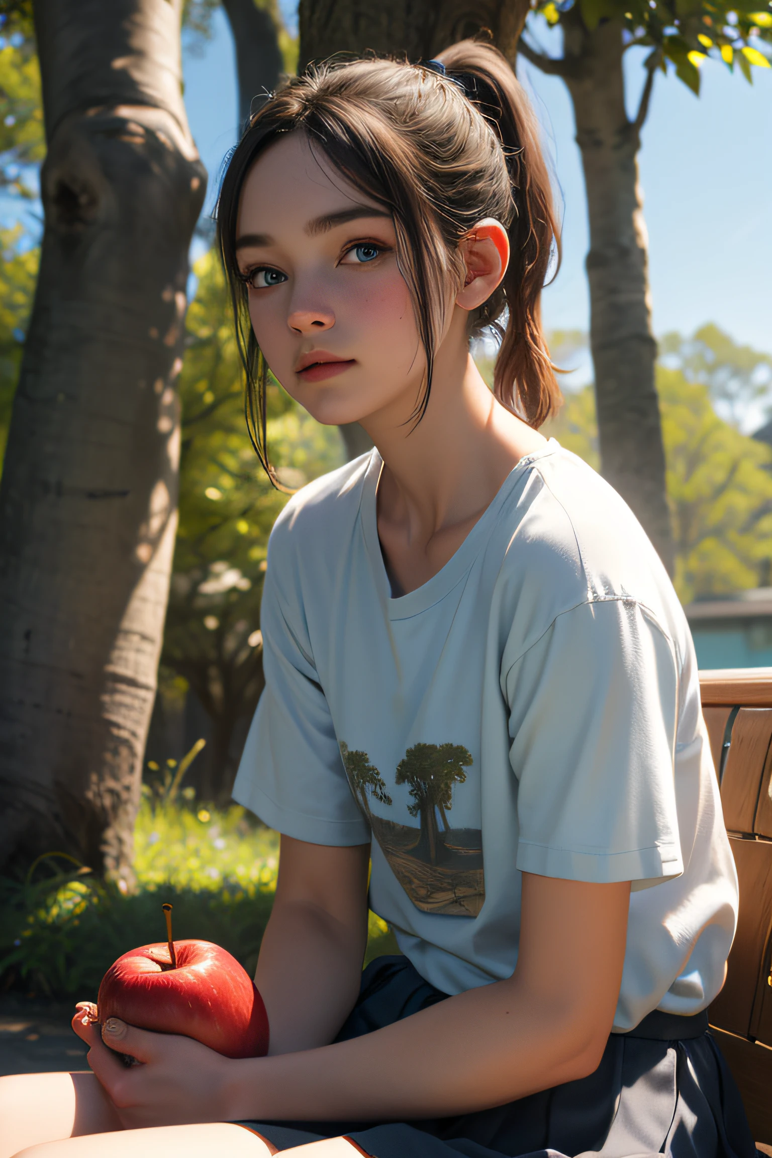 (8k,UHD),(Best Quality,Masterpiece),Highres,Ultra Quality, Precise Detail, Elaborate, Young Girl, short light bue hair, short ponytail, blue eyes, wearing causal t-shirt and skirt, soft and cute expression, slender petite body feature, ((sitting behind a tree)), holding a apple basket, wind is blowing, anatomical correct, skin texture, trending in Artstation