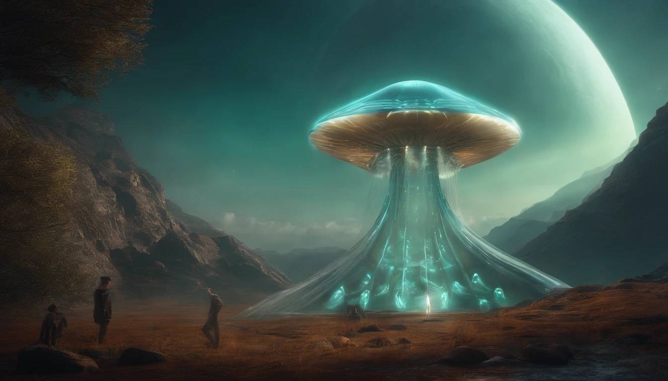 Transparent ethereal alien creatures，with light glowing，中景 the scene is，Full body like， highly detailed surreal vfx，oc rendered，Shot with 70 mm - AR 16:9 --q 2 --s 1000