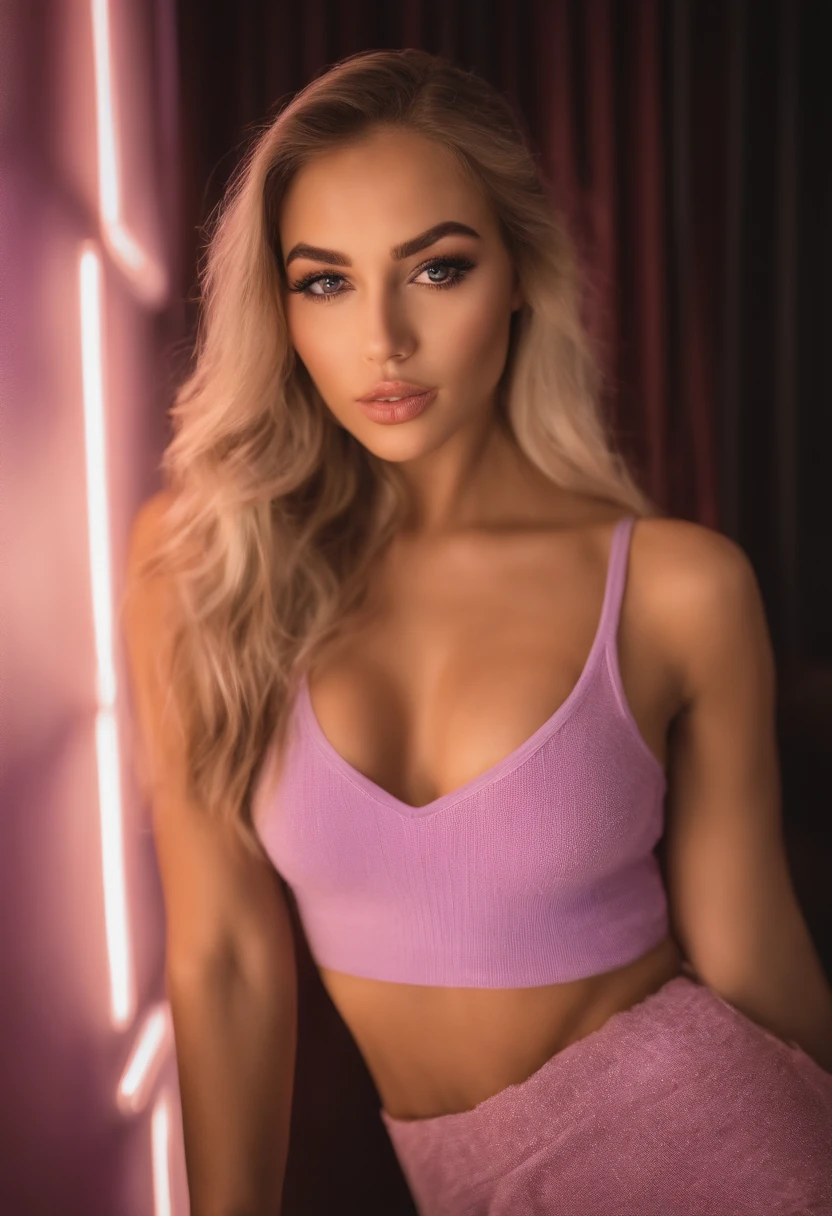 Arafed woman with matching tank top and panties in the disco club, Sexy girl with brown eyes, portrait sophie mudd, blonde hair and large eyes, Selfie einer jungen Frau, Augen im Schlafzimmer, Violet Myers, ohne Make-up, Natural makeup, Blick direkt in die Kamera, Gesicht mit Artgram, dezentes Make-up, Stunning full body shot, im Schlafzimmer, Spaltung, disco club