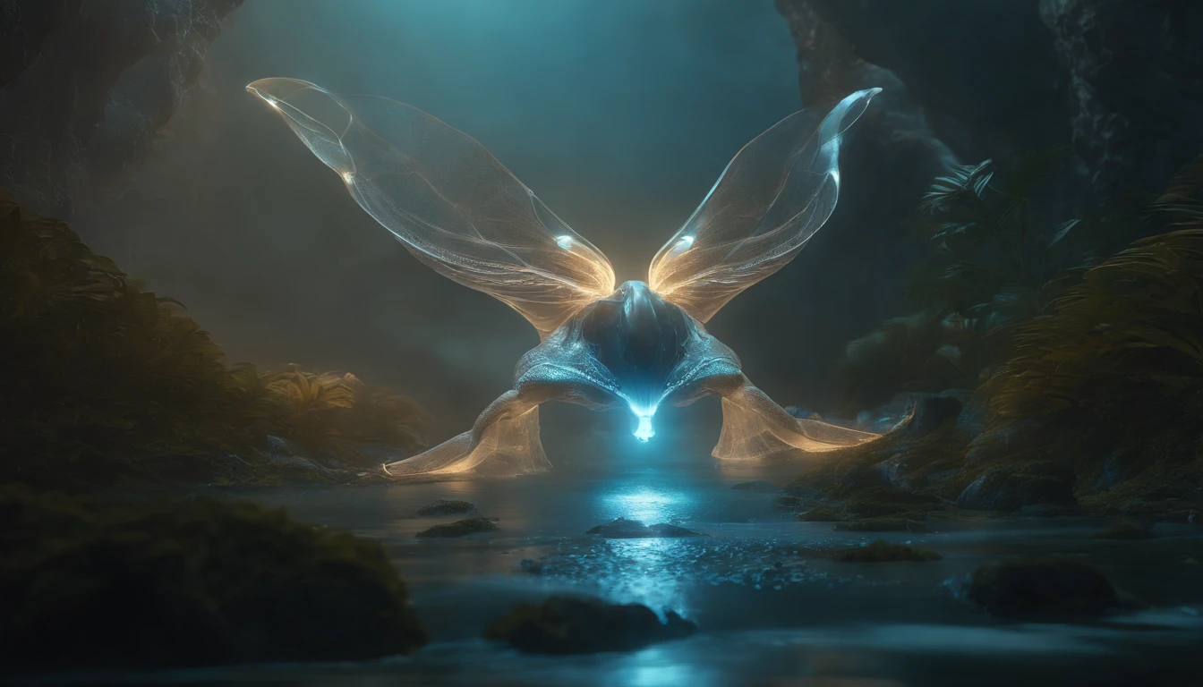 Transparent ethereal alien creatures，with light glowing，中景 the scene is，Full body like， highly detailed surreal vfx，oc rendered，Shot with 70 mm - AR 16:9 --q 2 --s 1000