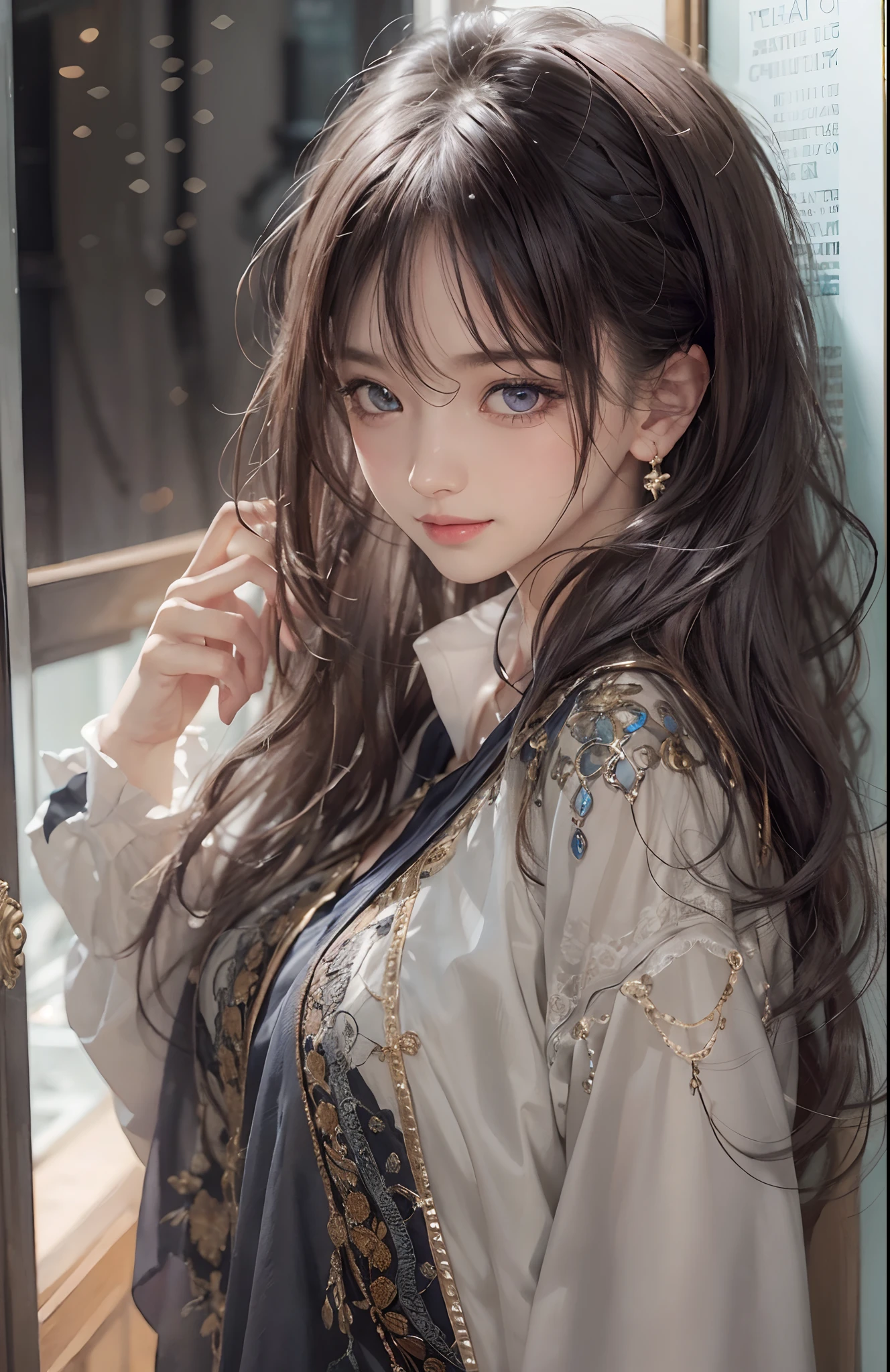 (Ultra Realistic), (Illustration), (Increased Resolution), (8K), (Extremely Detailed), (Best Illustration), (Beautiful and Detailed Eyes), (Best Quality), (Ultra Detailed), (Masterpiece ), ( wallpaper), (detailed face), solo, 1 girl, looking at viewer, fine details, detailed face, in the dark, deep shadows, low key, pureerosfaceace_v1, smiling, long hair, black shawl straight hair , 46 points oblique bangs
