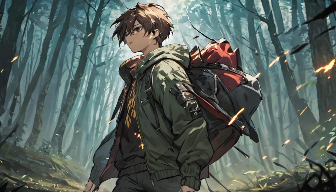 Wallpaper desktop (4k) boy take long sword in behind wearing a jacket carryinh a bag use headsets walking in the forest facing back
