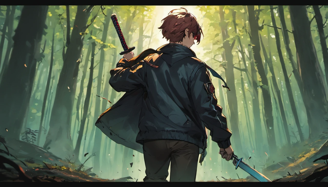 Wallpaper desktop (4k) boy 17 years old take long sword in behind wearing a jacket carryinh a bag use headsets walking in the forest facing back