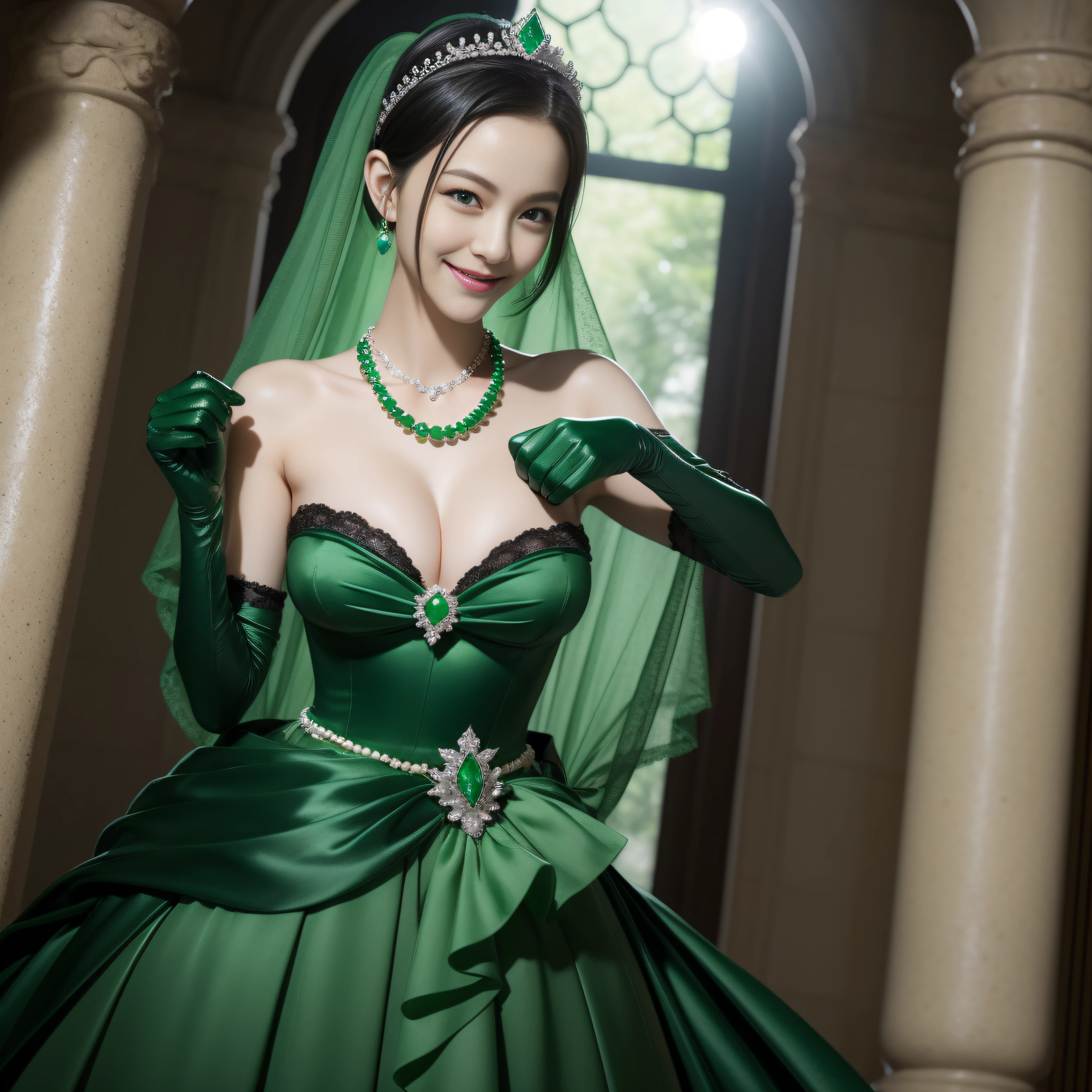 emerald tiara, Green Pearl Necklace, Boyish very short black hair, lipsticks, Japan woman smiling, Long green gloves made of satin material, very short short hair, fist, big breasts beautiful, Green eyes