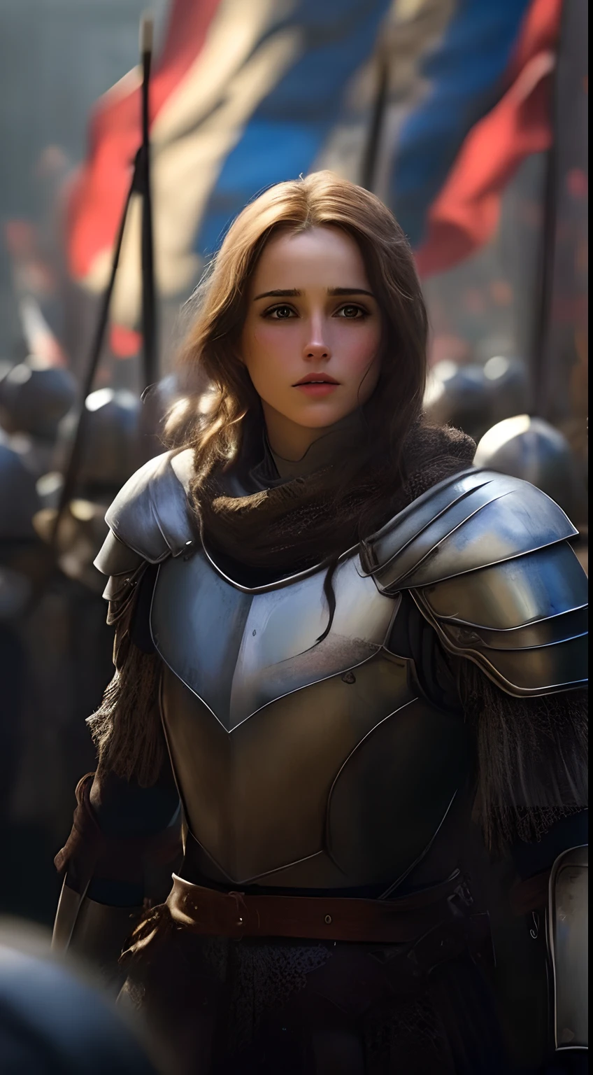 a woman in armor stands in front of a group of people, beautiful female knight, of a beautiful female knight, girl in knight armor, emma watson as a knight, portrait knight female, female knight, gorgeous female paladin, emma watson as joan of arc, fantasy paladin woman, female medieval knight, ana de armas as joan of arc