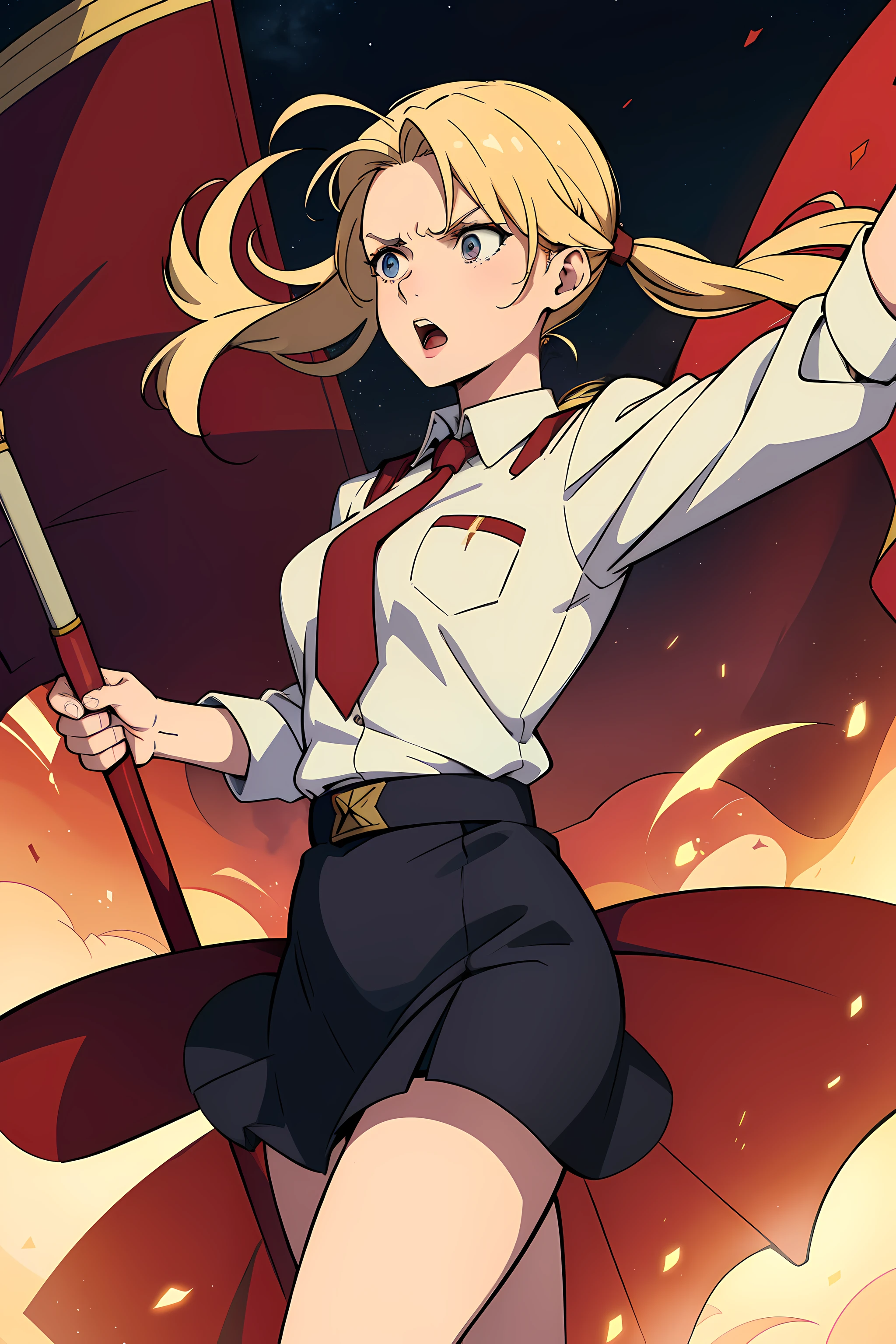 masterpiece, Soviet Union Superhero, girl sorceress, white pioneer shirt, black skirt, pioneer uniform from Soviet Union, holding a ((red flag)) in her arms, pioneer tie, wearing female (forage cap with star) on the head, blonde hair in twin tails, detailed and correct hands, Serious face, open mouth, shouting a slogan, Disheveled hair