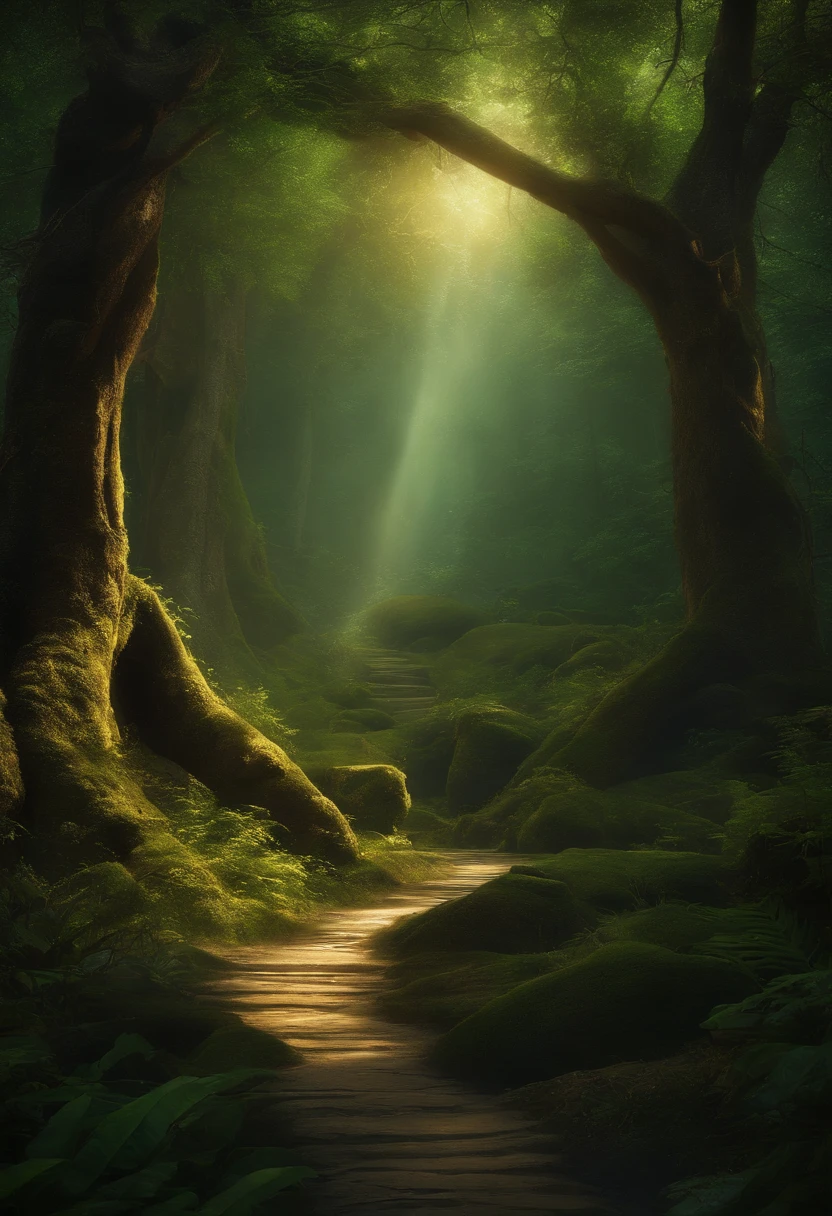 A mystical journey through an ancient forest, where young character meets a wise old man and learn valuable life lessons. iluminador, transformative and magical, encantador, ethereal. outro mundo. misterioso, espiritual e comovente. create an atmosphere of mystery and spiritual depth. profundo, thought-provoking and philosophical, Valuable life lessons learned