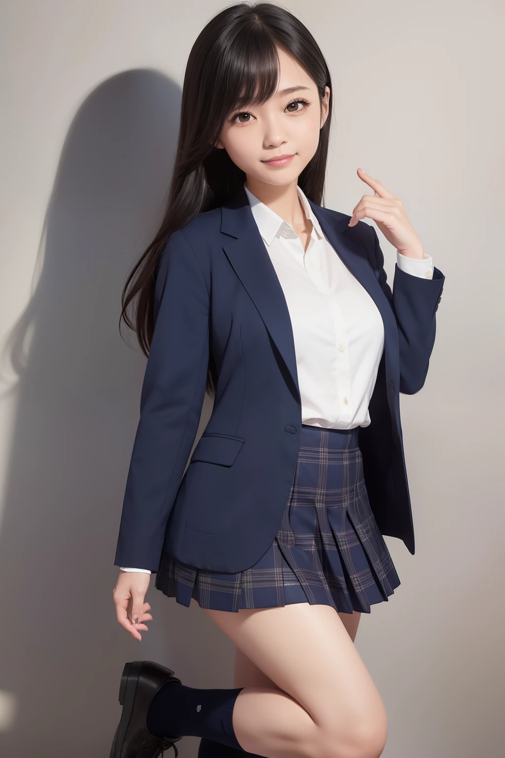 8K, highest quality, real image, intricate details, Super detailed, ultra high resolution, depth field,(realistic,realistic:1.2), 1 girl, eye_Chan, very beautiful 17 year old girl, innocent big eyes,、beautiful breasts:1.5、非常に詳細なeye:1.2)、(beautiful breasts:1.1)、wavy hair、curly hair、bangs、, perfect skin, Fair skin, He puts his left hand on his chest over his clothes.......、anxious look、tight waist, light blush, alone, looking at the viewer, laughter, ((School_uniform),(dark blue blazer), (white shirt、Wearing a tie), (gray pleated skirt), (sculpture installation :1.1), (eyeを細めて), (huge hips:1.4), (thick thighs:1.4), (thick legs:1.4), (white teeth)