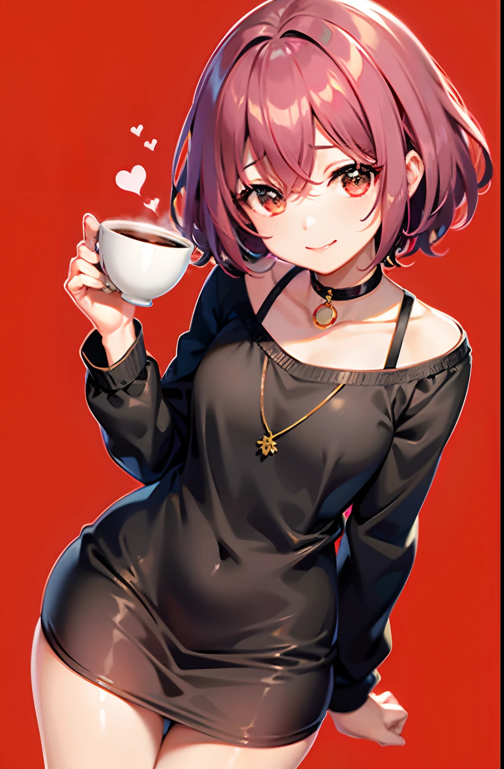 1menina, solo, nakano ichika, cabelo curto rosa, (nua: 1.3), (peitos expostos), seios grandes, decote, coxas, coffee background, (rubor: 1.2), sorrindo