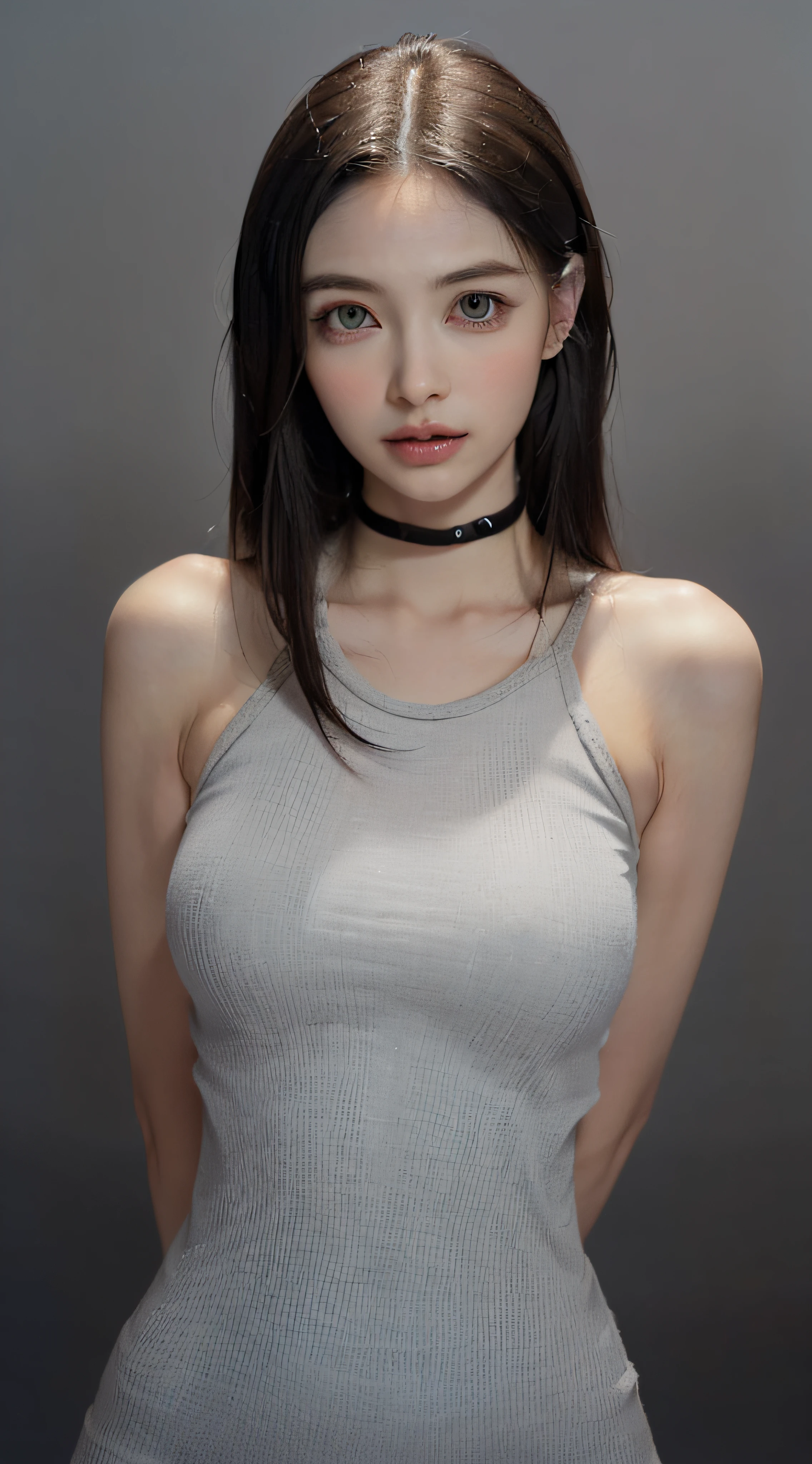 (Medium straight hair, brown:2), (masterpiece, best qualtiy, Light photo, Photorealsitic, From the top of the head to the crotch:1.7), BREAK (1 girl in, solo, Lone Woman, Solo Woman, Beautuful Women, Japan with white, clean skin and good style, 28 year old:1.7), BREAK (Stunning innocent symmetrical face, Beautiful fece, light skinned:1.7) BREAK (Beautiful eye details, Beautiful noseline, Details of a beautiful little nose, Beautiful thin lips Description, Fair skin, zora々Skin, wrinkle-free skin:1.5) BREAK (long-slitted eyes, Drooping eyes, Symmetrical eye shape:1.5), (Big eyes:1.3), BREAK (Beige tight tank top knitted dress:2), (Black choker:1.5), (Looking at the camera, Focused, Cheerful, flushed:1.8), (Forced laughter and blushing:1.7), (Large breasts, neat shape breasts:2.5), (slender:2), (Thin body, thin waist, Thin under the chest,Thin arms, thin neck, thin legs, thin shoulders, sloped shoulder:2), BREAK (Simple gradient background in gray:2.2), (Midnight, It's nighttime, so it's very dark around, Flat lighting with very weak light:2), BREAK (9.5 Head Body, Beautiful Large Breasts, Beauty Slender Body Line:2),
