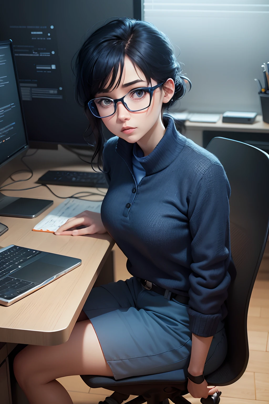 introvert character at a office, Pixar style, 4k, shades of dark blue and orange