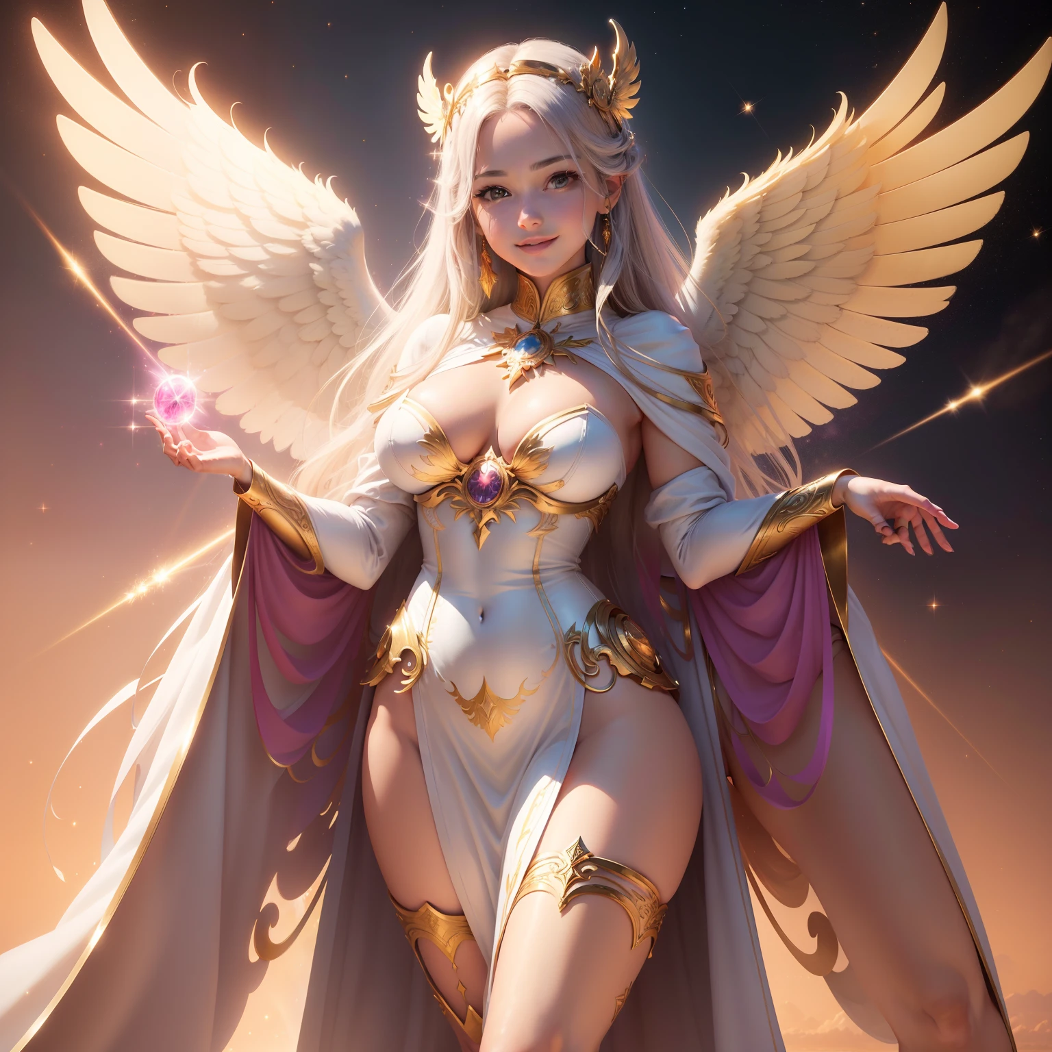 ultra realistic pictures. super fine art. super detail, micro expression detail. light smile. proportional pose, sexy girl, super beautiful, proportional face. charming girl in Greek ancient white robe costume, archangel metatron, giant wings angel, golden magenta, golden aura, magenta flame, universal logos, sparkling diamond dust. interstellar background, UHD, 8k