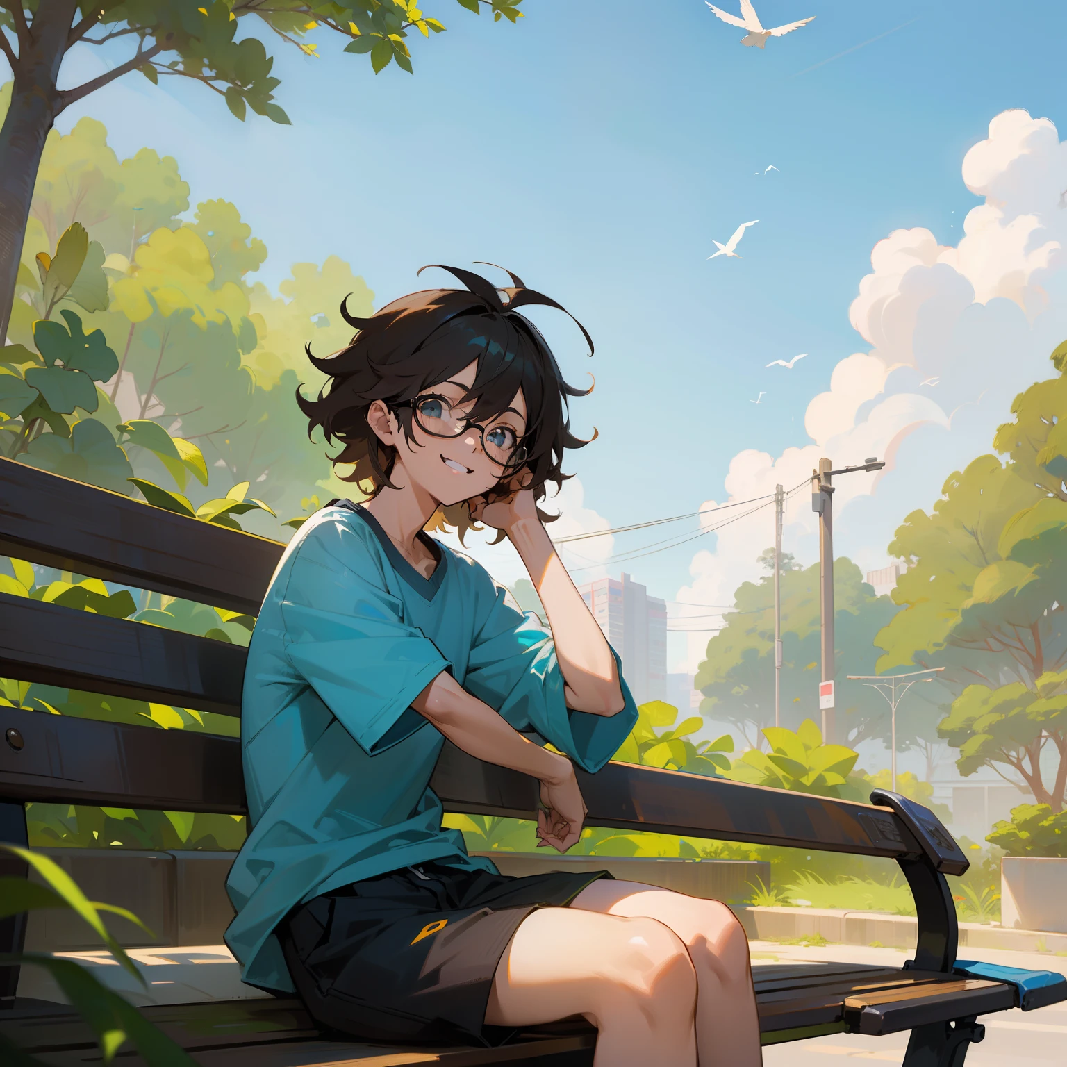 High Revolution, detalhado, obra prima, Estilo anime, 1garoto, ((sorrindo)), cabelo castanho, cabelo longo, ((messy hair)) modern glasses, roupa casual, parque, floresta, Sitting not bench, dia ensolarado, blue skies, brazi, Small birds