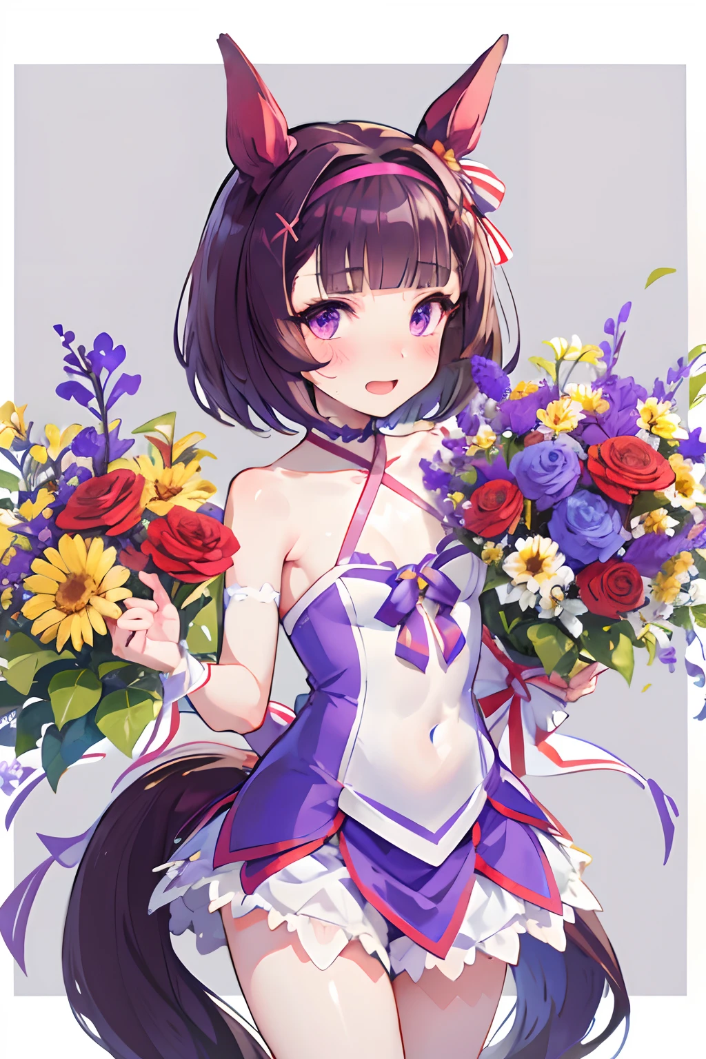 NSFW,bared  chest,Revealing clothes,Uma Musume's Nishino Flower,Uma Musume,Nishino flower,shorth hair,Katyusha,Big horse ears,Cute horse tail,Beautiful purple eyes,doress,small tits,flat breast,Smile with open mouth,Lori,Curvaceous,red blush,Shy face,Top image quality,flower  field,Flower bouquet prairie,Flowers,Best Quality