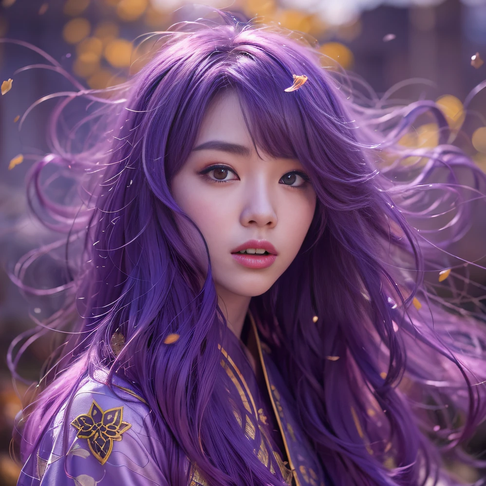 Genki Girl 32K（tmasterpiece，k hd，hyper HD，32K）Long flowing bright purple hair，Autumn Pond，zydink， a color，  Asian people （Genki girl）， （Silk scarf）， Combat posture， looking at the ground， long whitr hair， Floating bright purple， Fire cloud pattern gold tiara， Chinese long-sleeved gold silk garment， （Abstract metaverse splash：1.2）， white backgrounid，Lotus Vitality Protector（realisticlying：1.4），Bright purple hair，Smoke on the road，The background is pure， A high resolution， the detail， RAW photogr， Sharp Re， Nikon D850 Film Stock Photo by Jefferies Lee 4 Kodak Portra 400 Camera F1.6 shots, Rich colors, ultra-realistic vivid textures, Dramatic lighting, Unreal Engine Art Station Trend, cinestir 800，A girl with flowing bright purple long hair