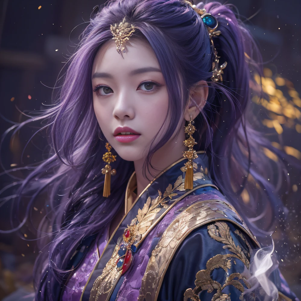 Genki Girl 32K（tmasterpiece，k hd，hyper HD，32K）Long flowing bright purple hair，Autumn Pond，zydink， a color，  Asian people （Genki girl）， （Silk scarf）， Combat posture， looking at the ground， long whitr hair， Floating bright purple， Fire cloud pattern gold tiara， Chinese long-sleeved gold silk garment， （Abstract metaverse splash：1.2）， white backgrounid，Lotus Vitality Protector（realisticlying：1.4），Bright purple hair，Smoke on the road，The background is pure， A high resolution， the detail， RAW photogr， Sharp Re， Nikon D850 Film Stock Photo by Jefferies Lee 4 Kodak Portra 400 Camera F1.6 shots, Rich colors, ultra-realistic vivid textures, Dramatic lighting, Unreal Engine Art Station Trend, cinestir 800，A girl with flowing bright purple long hair