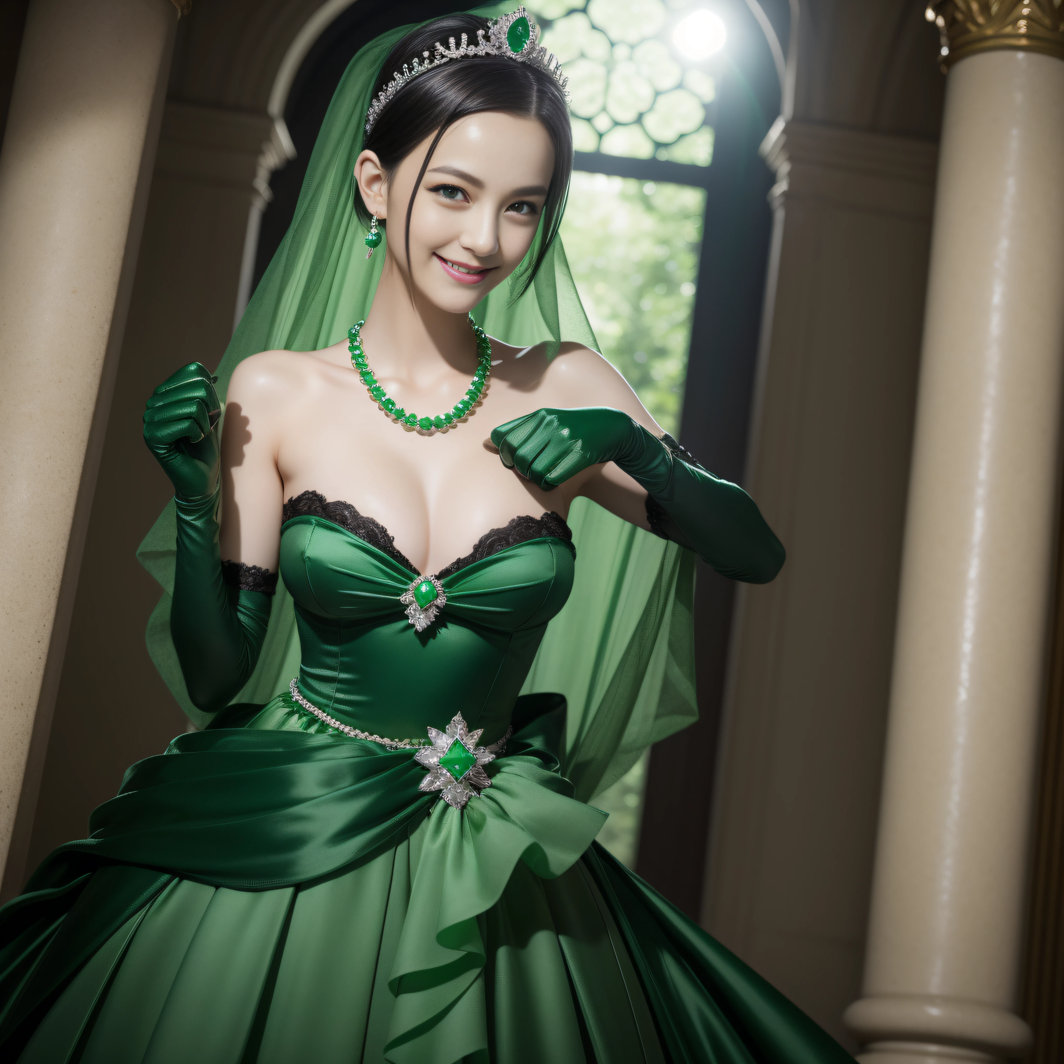 emerald tiara, Green Pearl Necklace, Boyish very short black hair, lipsticks, Japan woman smiling, Long green gloves made of satin material, very short short hair, fist, big breasts beautiful, Green eyes