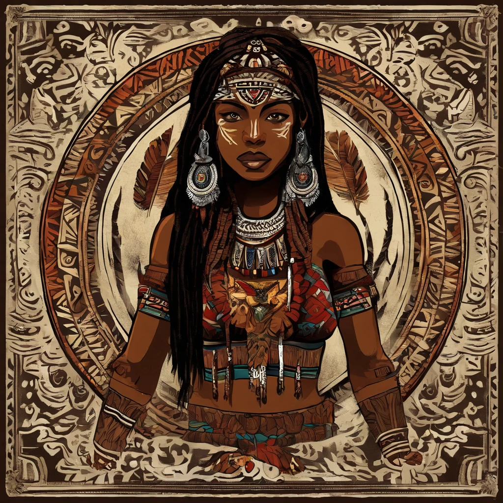 Masterpiece, high res, dark skin, aztec, Mayan, buff cat girl, jungle background, strong woman