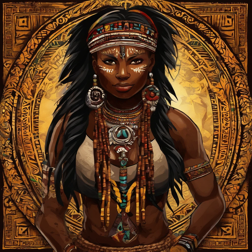 Masterpiece, high res, dark skin, aztec, Mayan, buff cat girl, jungle background, strong woman