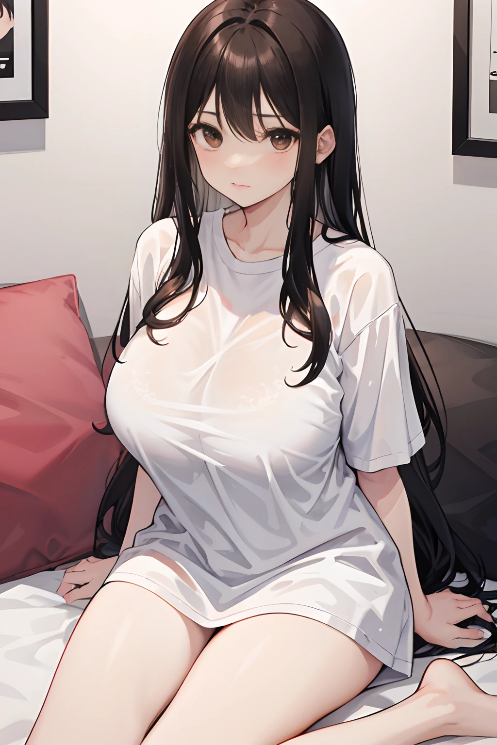 big breast, long black hair, sitting on the bed, wear white loose t shirt, unwear any underwear, medium thigh, brown eyes, blush, mature